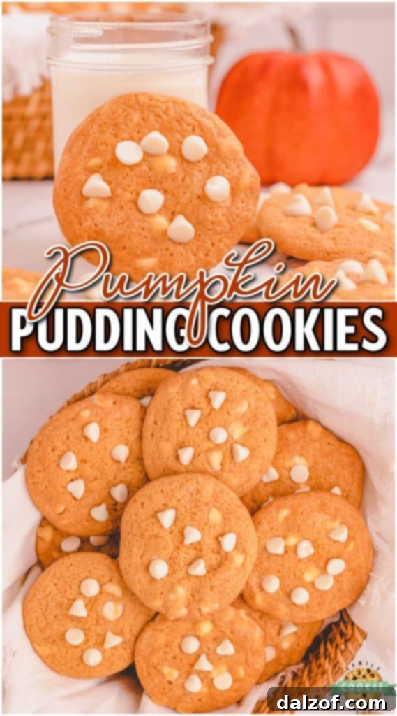 Pumpkin Pudding Cookies are packed with incredible spiced pumpkin flavor! These pumpkin white chocolate chip cookies are soft & chewy thanks to the pudding mix! A Pinterest-ready image.