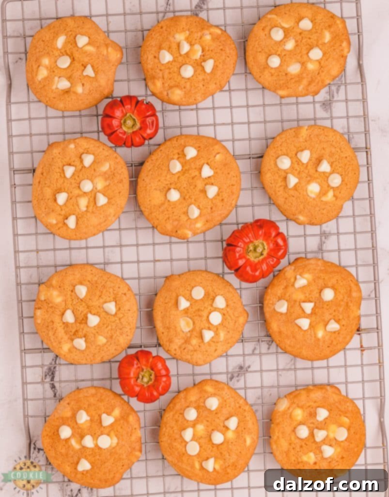 Freshly baked pumpkin spice cookies cooling on a wire rack.