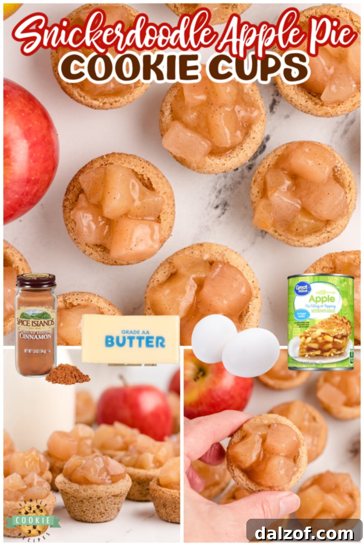 Snickerdoodle Apple Pie Cookie Cups combine two favorite desserts in a bite sized treat that is full of cinnamon and apple pie filling!