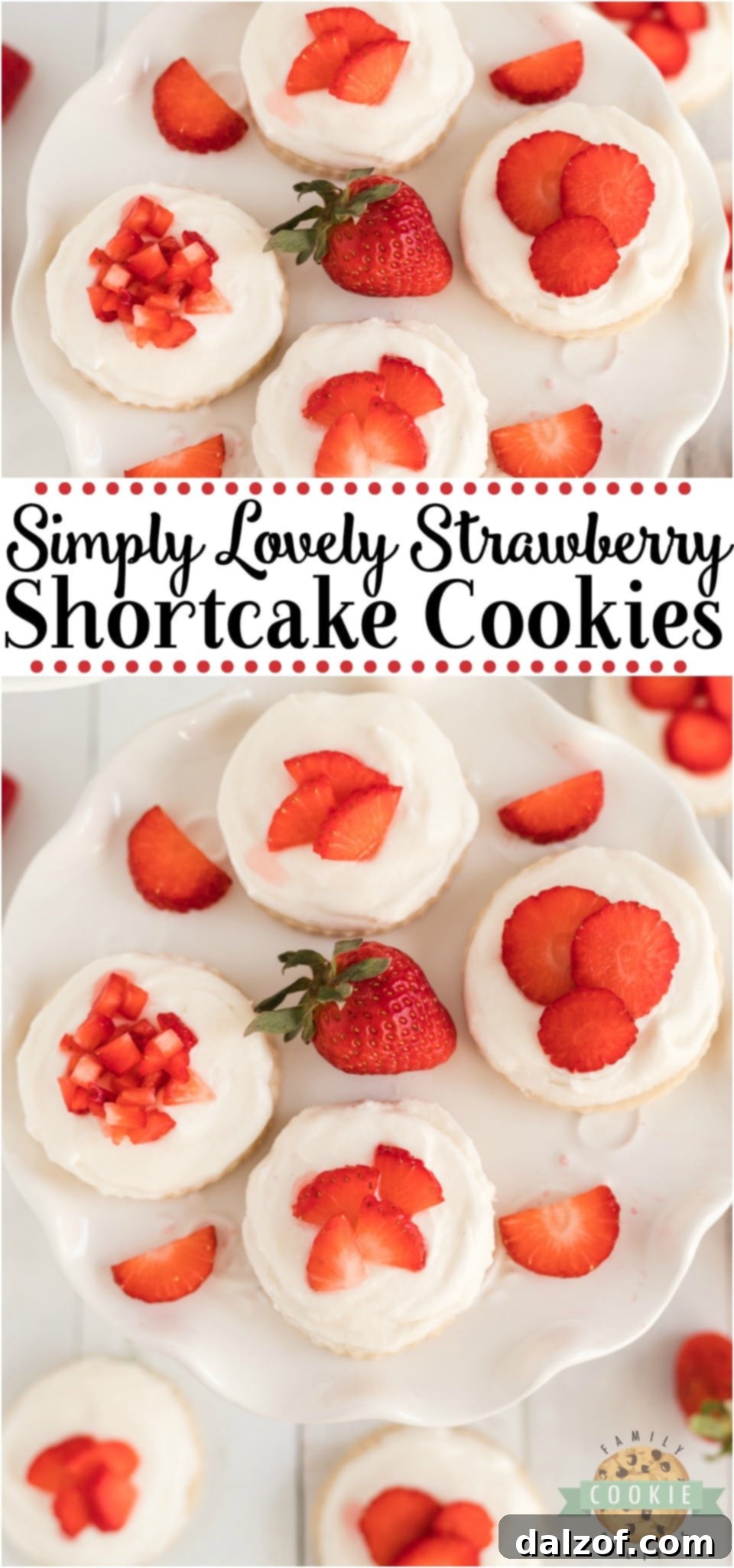 Strawberry shortcake cookies are a delicious sugar cookie topped with whipped cream and fresh sliced strawberries. Every sweet bite reminds you of traditional strawberry shortcakes!