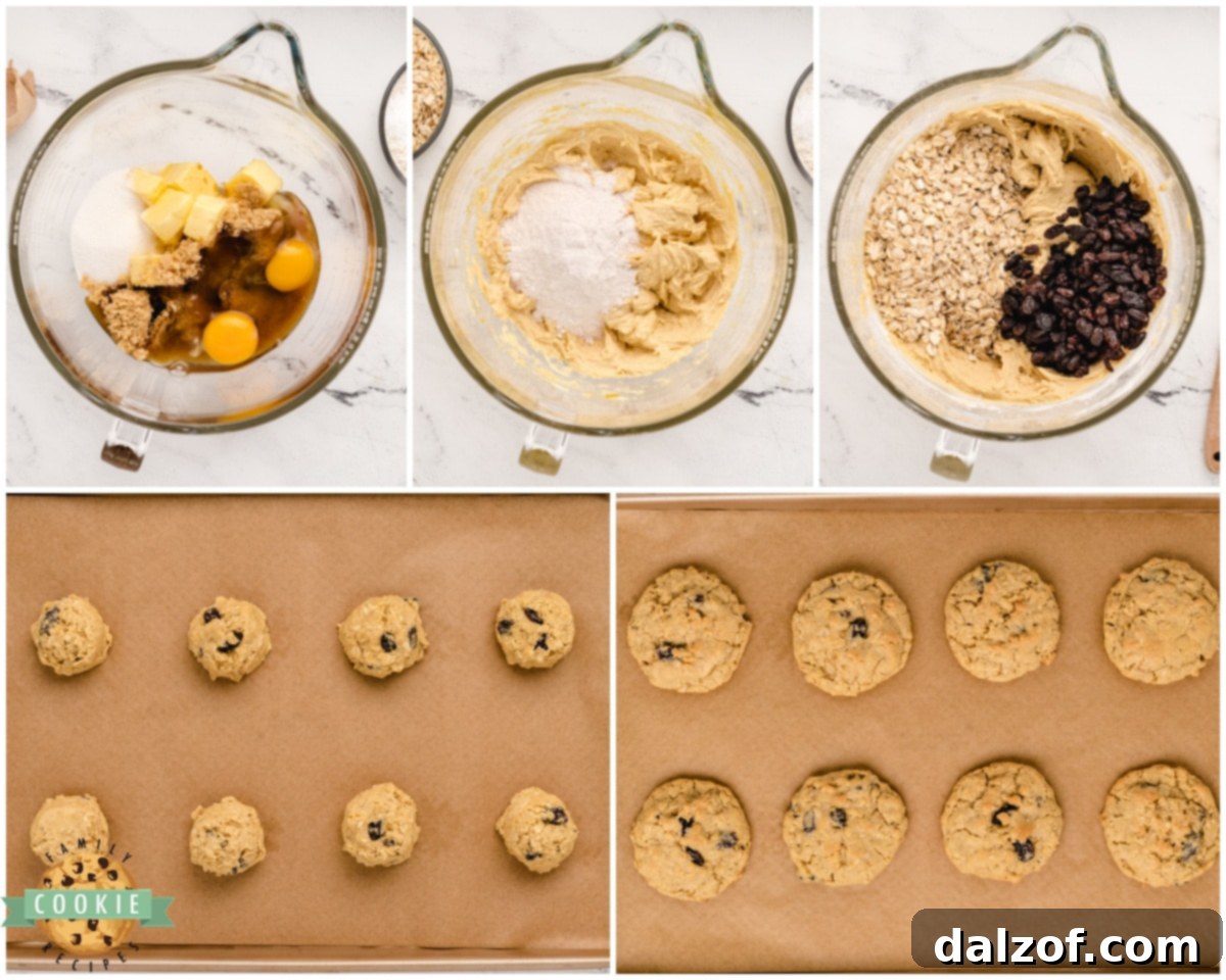 Overhead shot showing how to make the best oatmeal raisin cookies, with ingredients laid out.
