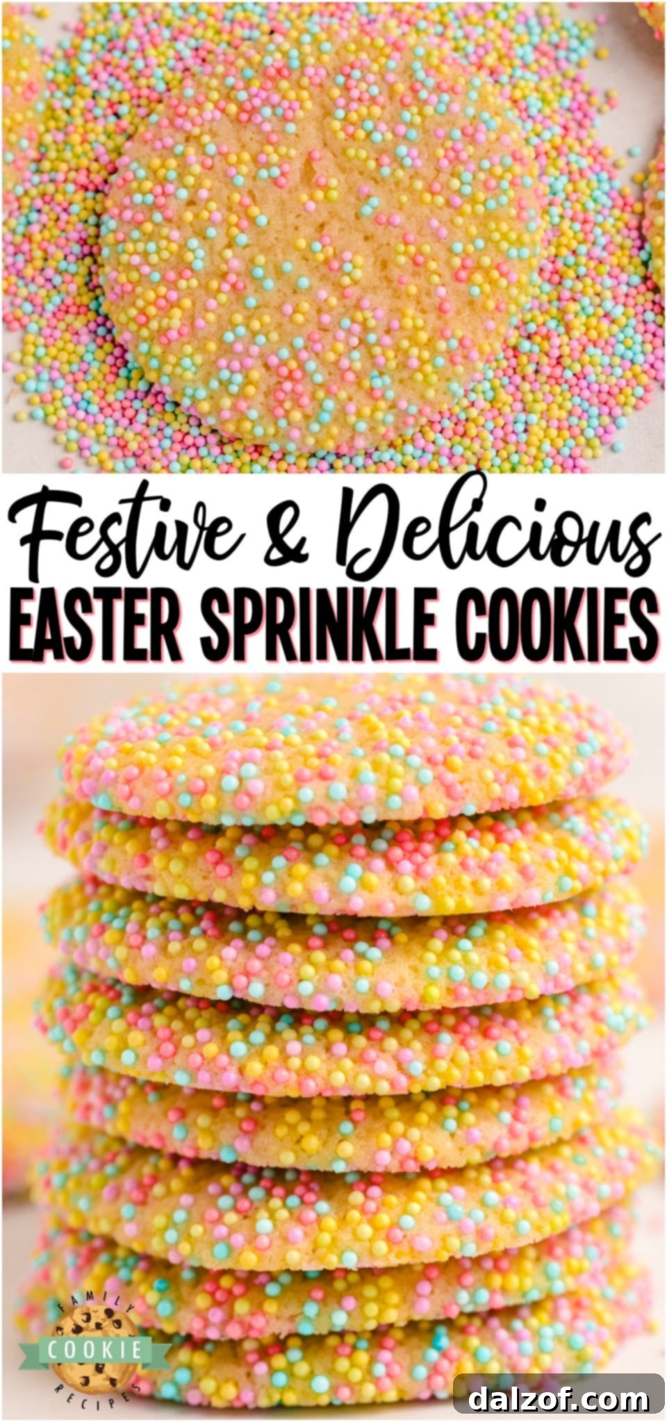 A vibrant, tall image of Easter sprinkle cookies, perfect for social sharing.
