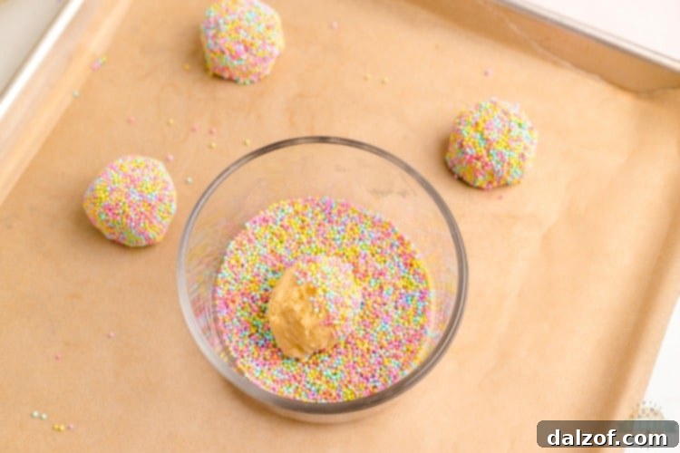 Hands rolling cookie dough in a bowl of Easter sprinkles, preparing for baking.