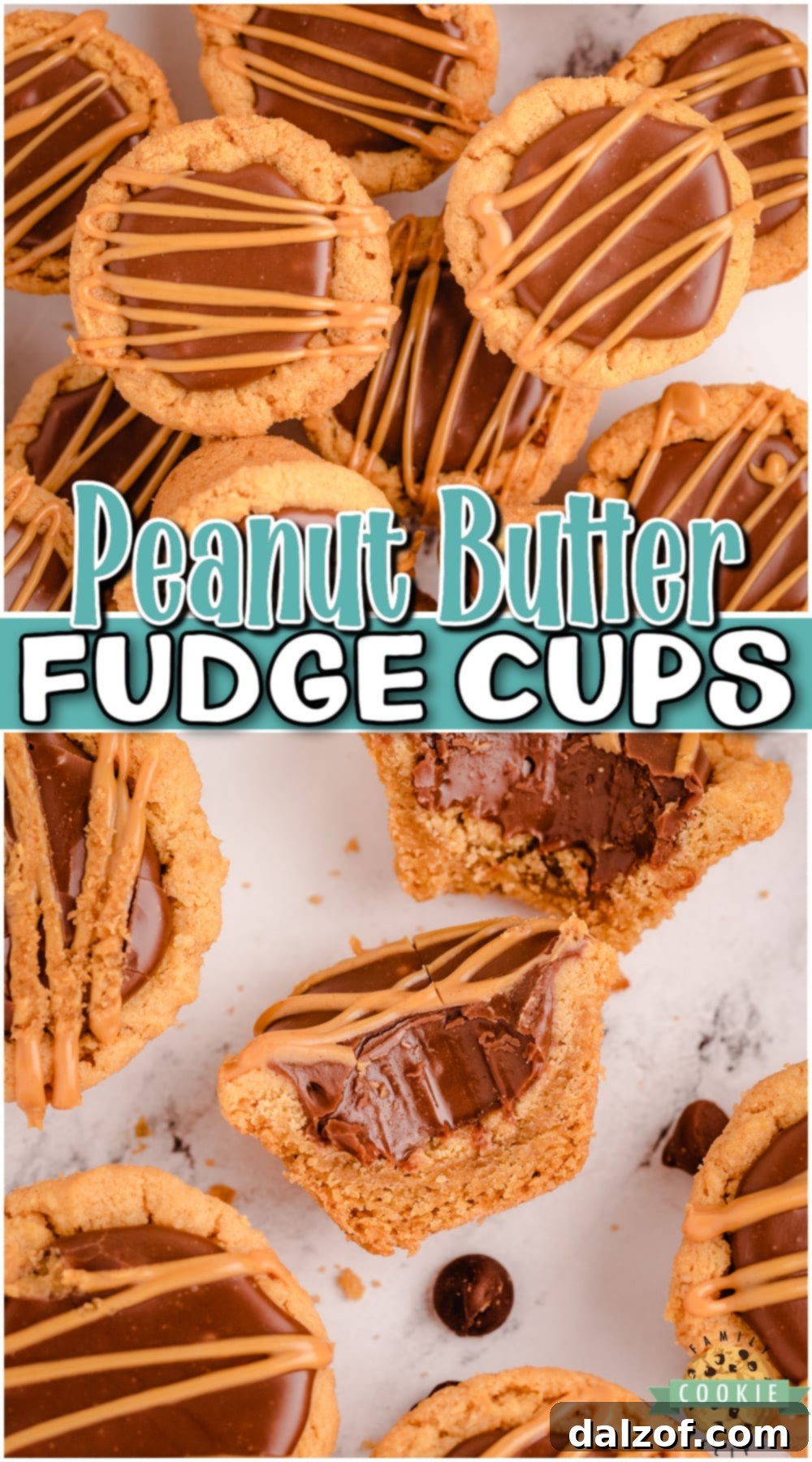 Fudge Peanut Butter Cookie Cups are peanut butter cookies baked in a mini muffin pan and filled with a simple chocolate fudge! Delicious flavor combination in these amazing fudge cookies.