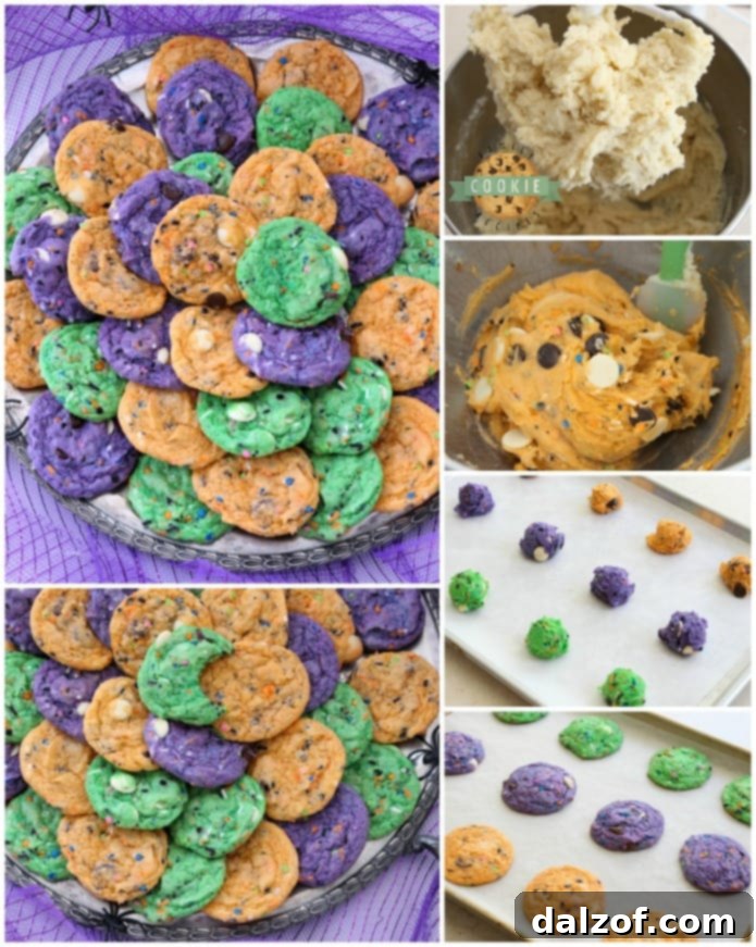 Assortment of Funfetti Halloween Cookies in orange, green, and purple dough with festive sprinkles, showcasing different dough color options.