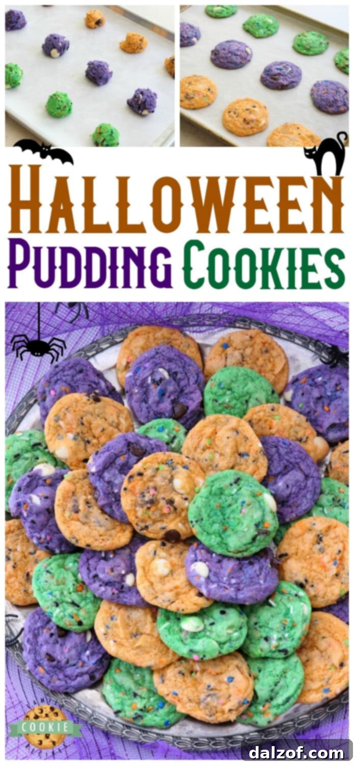 Close-up of Funfetti Halloween Cookies with a variety of colorful sprinkles and chocolate chips, showcasing the festive texture.
