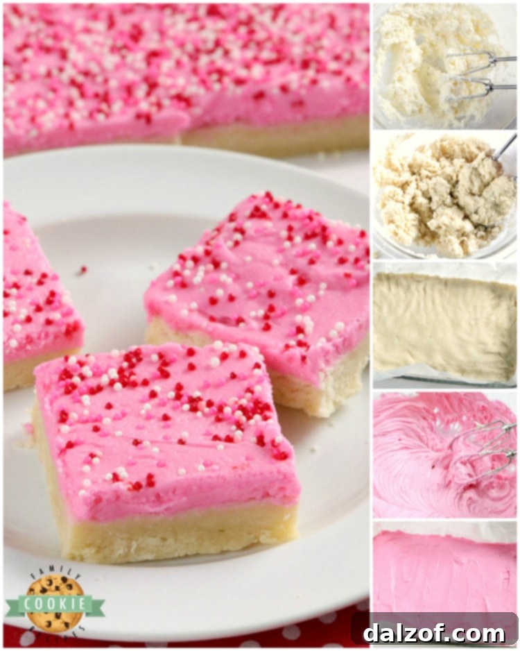 Step-by-step imagery demonstrating the process of making sugar cookie bars, from mixing ingredients to pressing dough into the pan.