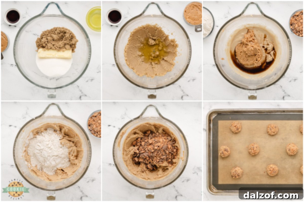 Collage of step-by-step photos showing the process of making Butterfinger Peanut Butter Cookies, from mixing to baking.