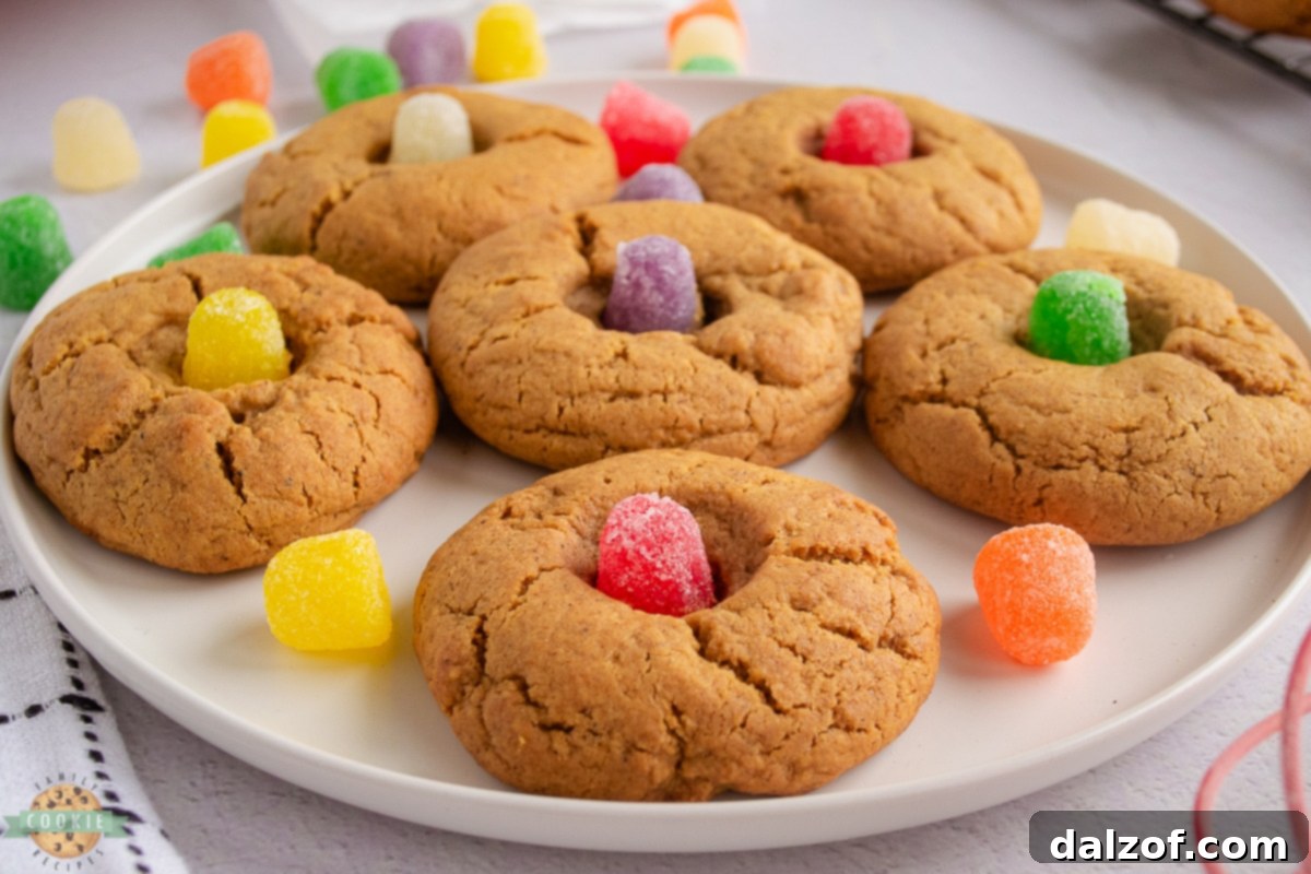 Easy gingerbread cookies with colorful gumdrops.