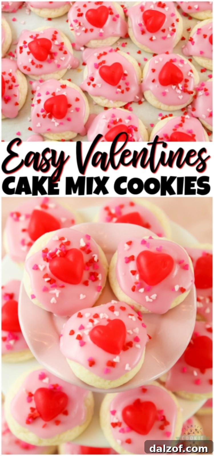 Valentines Cake Mix Cookies, an easy 3-ingredient recipe for a quick Valentine's dessert, featuring frosting and sprinkles.