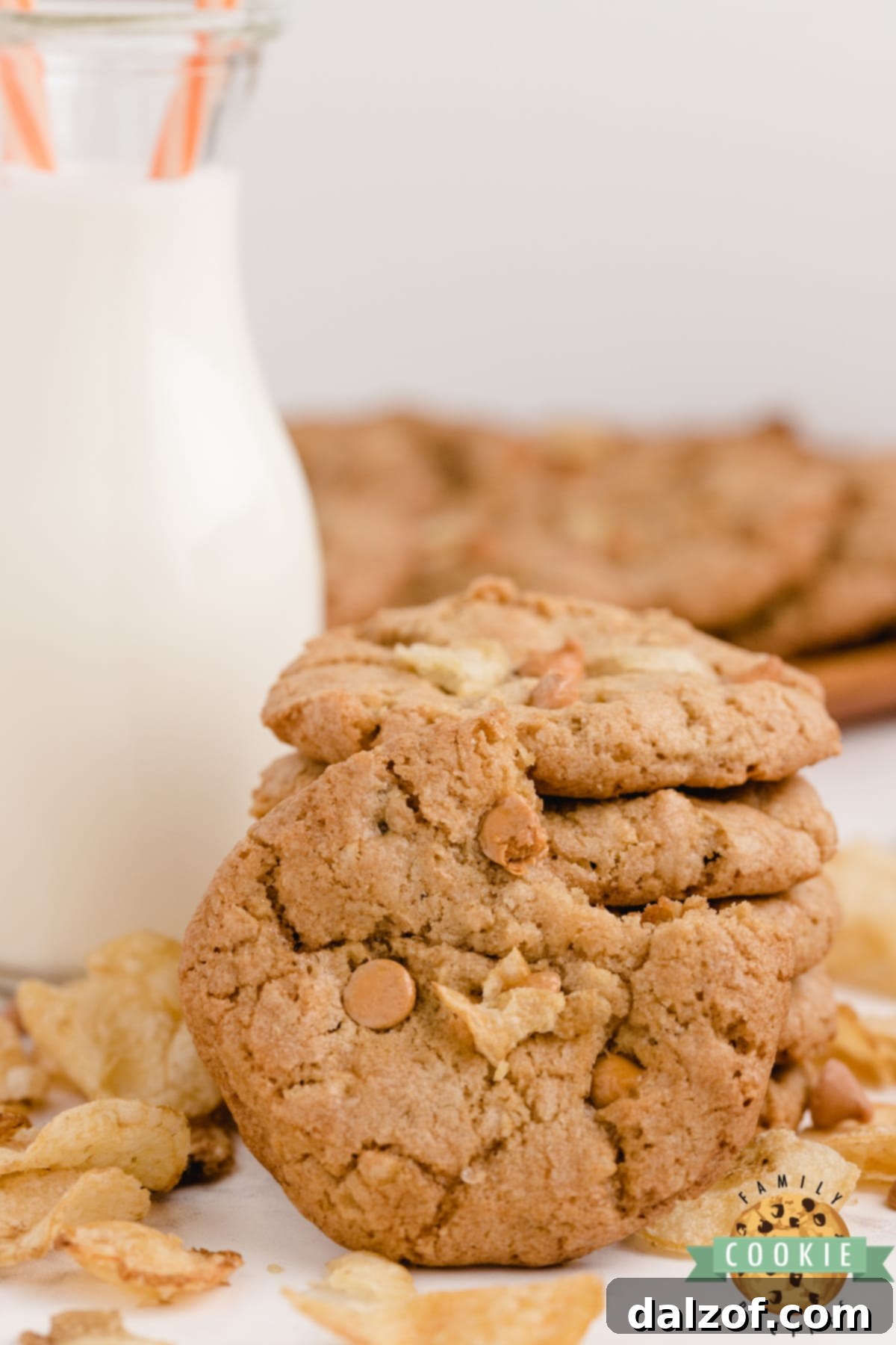 Close-up of potato chip cookies, highlighting the salty chips and sweet butterscotch chips