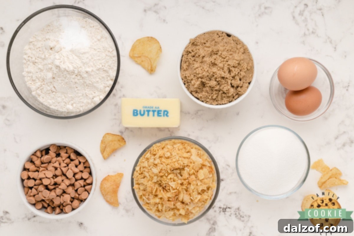 Assorted ingredients for Potato Chip Cookies laid out on a table