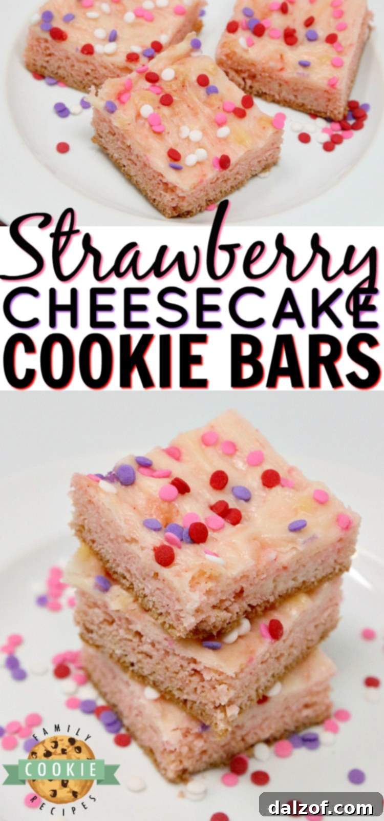 Strawberry Cheesecake Cookie Bars are made with a strawberry cake mix with a simple sweet cream cheese filling swirled in. Only 6 ingredients for these simple cookie bars that are soft, sweet and taste like strawberry cheesecake in cookie form!
