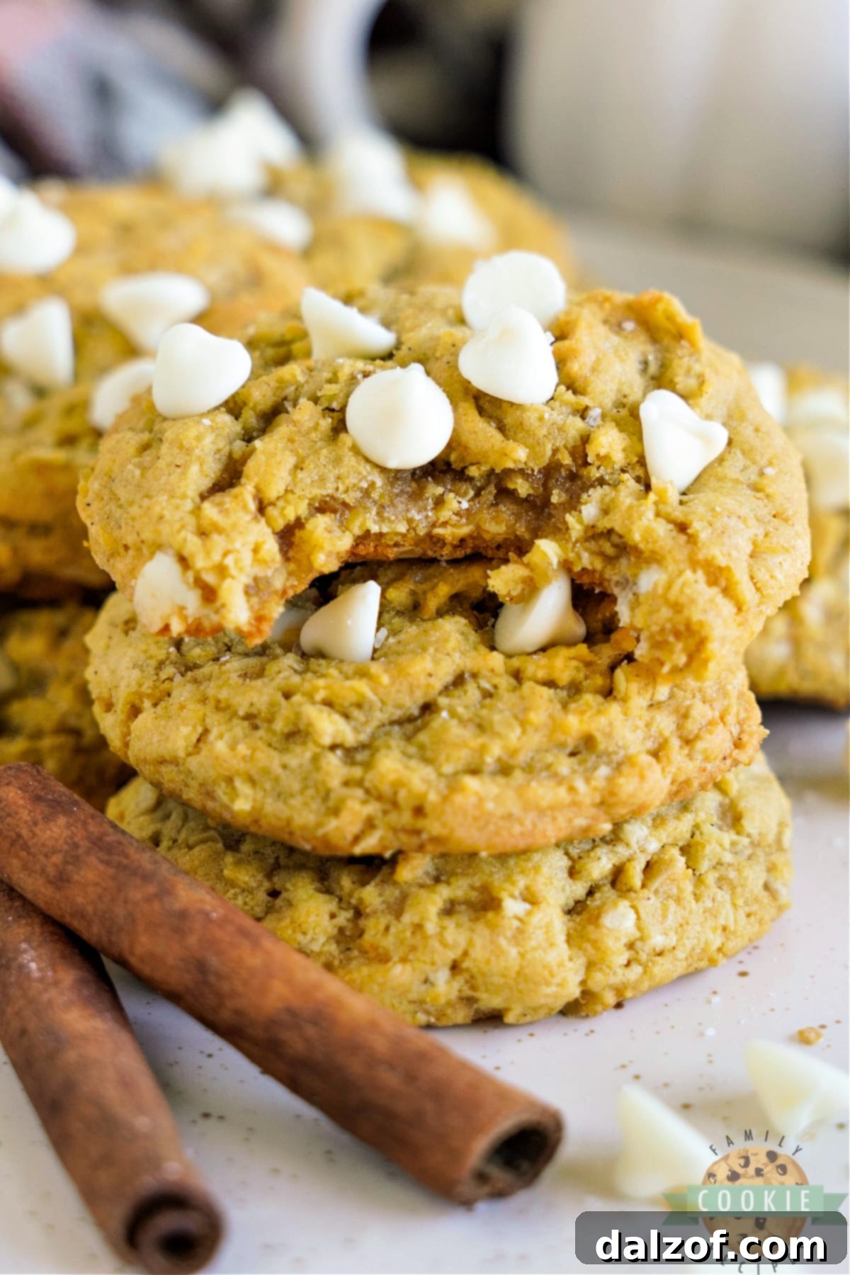 Soft and chewy White Chocolate Chip Pumpkin Oatmeal Cookies, perfect for fall, with visible white chocolate chips and oats.