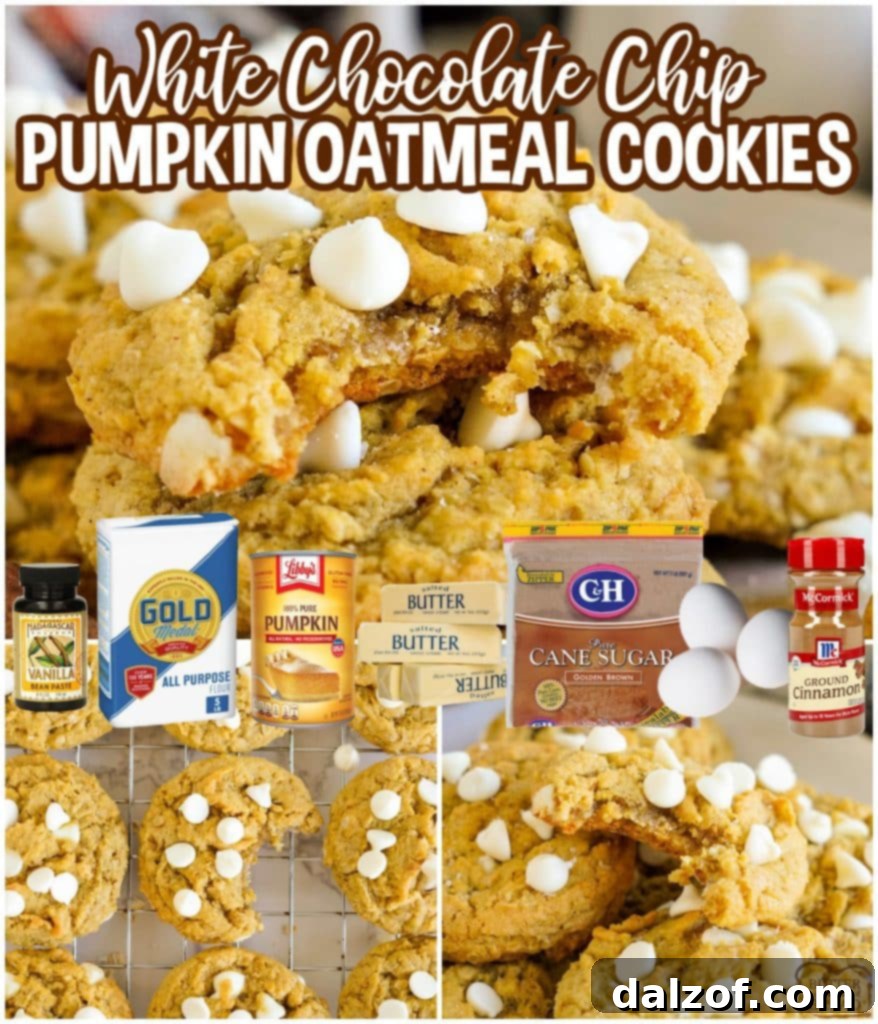 A collage of White Chocolate Chip Pumpkin Oatmeal Cookies, highlighting their soft and chewy texture, perfect for fall.