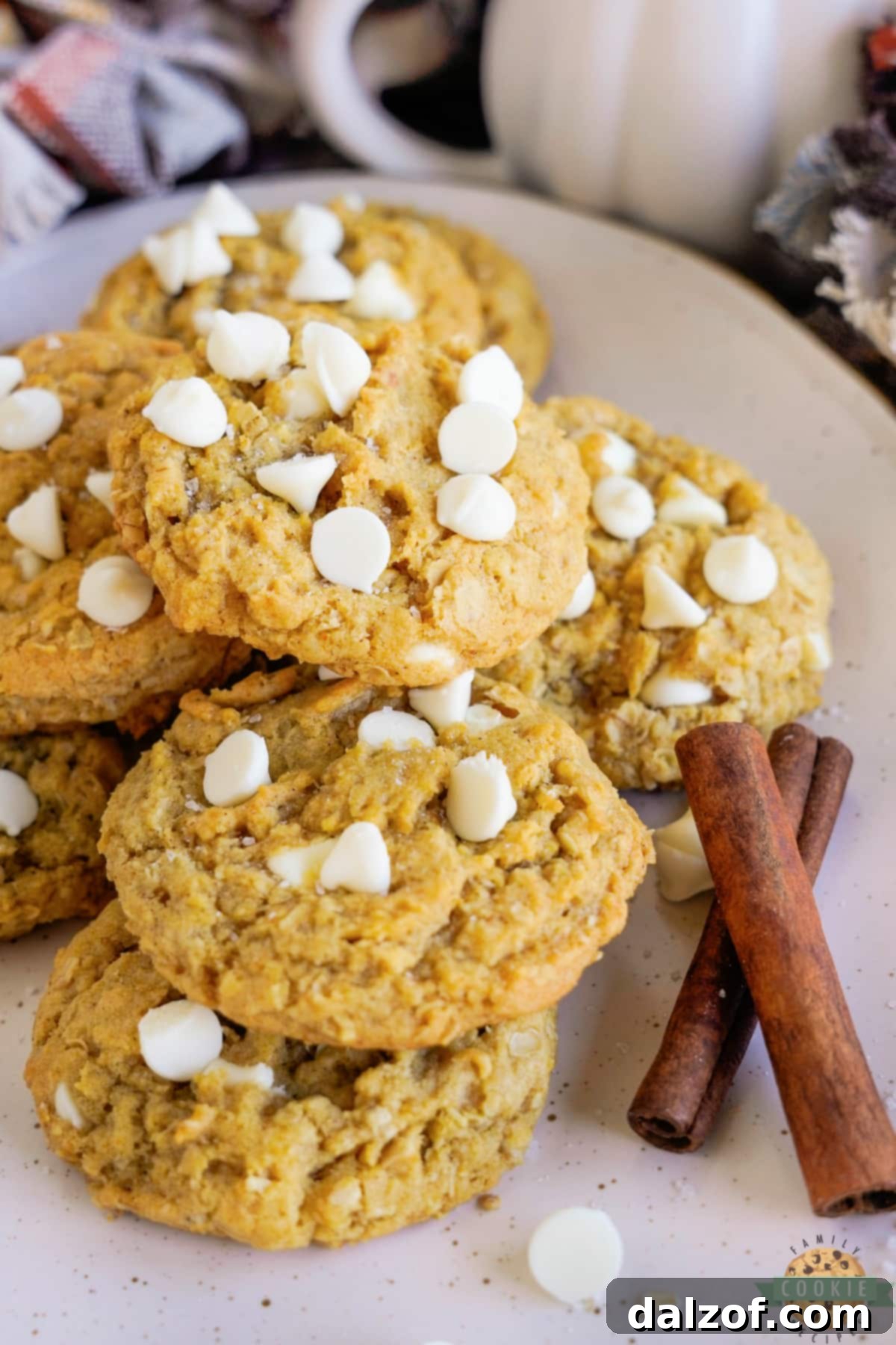 A plate stacked with freshly baked pumpkin cookies, featuring oats and white chocolate chips.