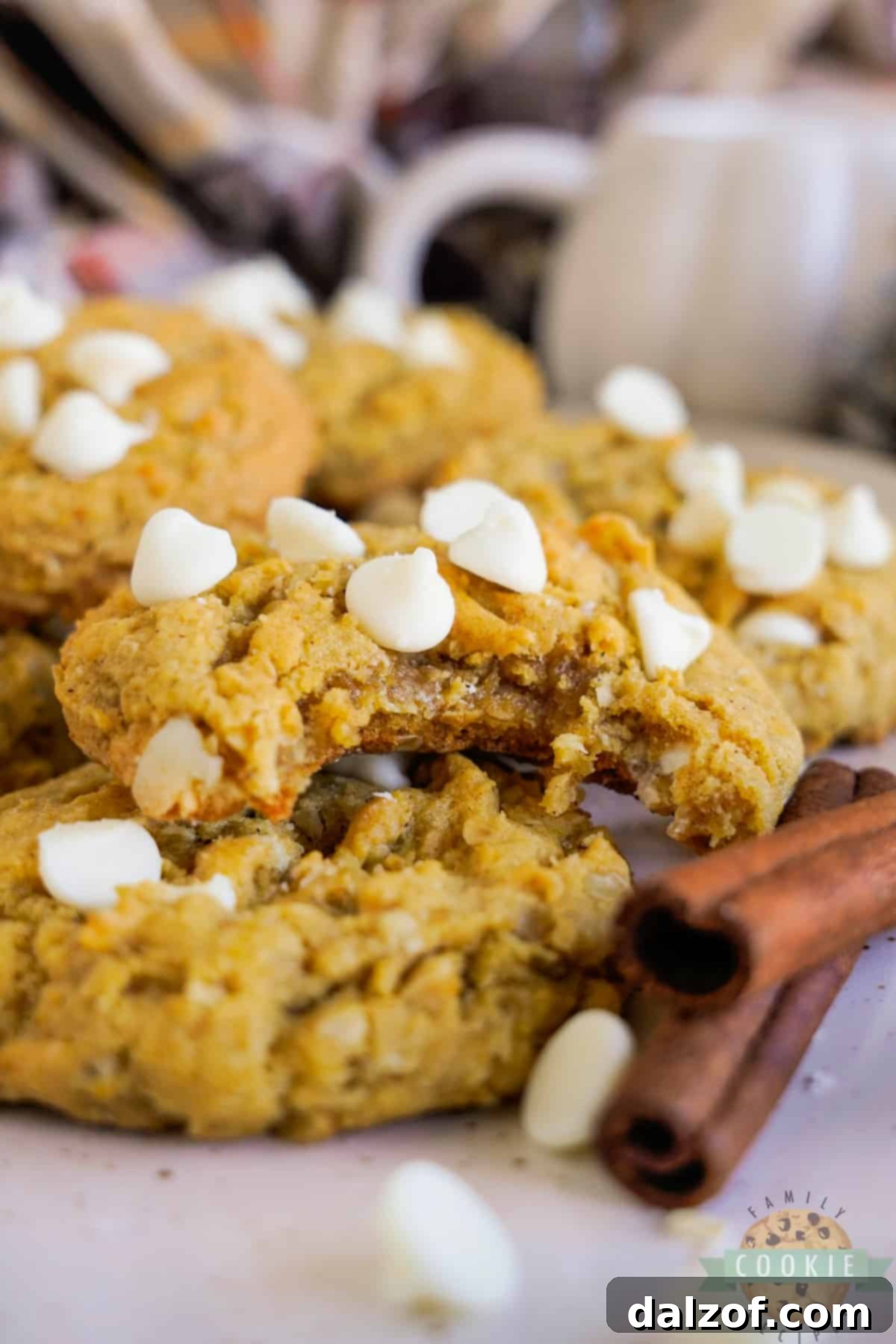A stack of White Chocolate Chip Pumpkin Oatmeal Cookies, showcasing their delightful texture and ingredients, perfect for autumn.
