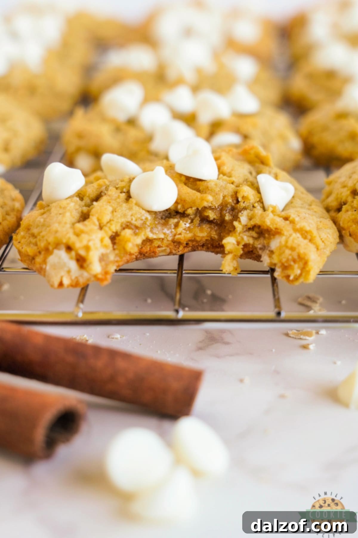Freshly baked pumpkin cookies cooling on a wire rack, with visible white chocolate chips.