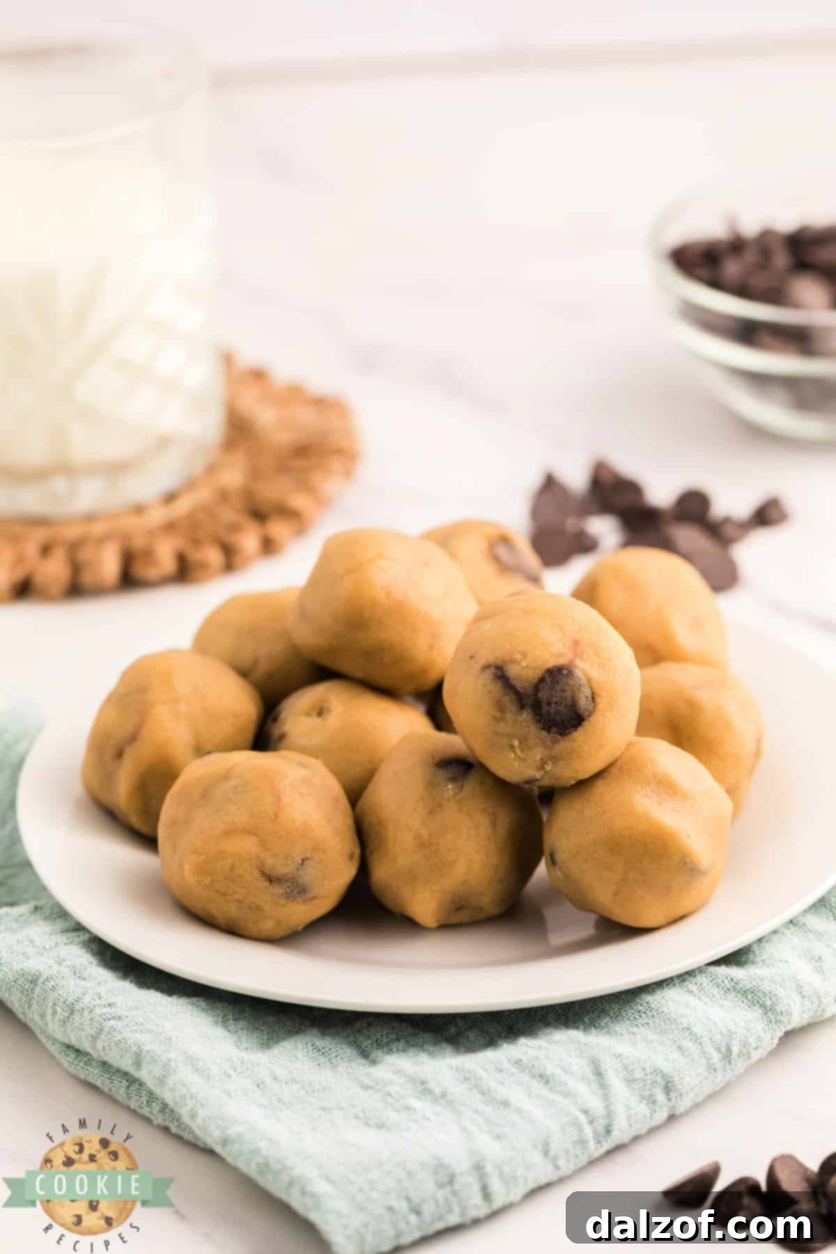 Balls of edible chocolate chip cookie dough.