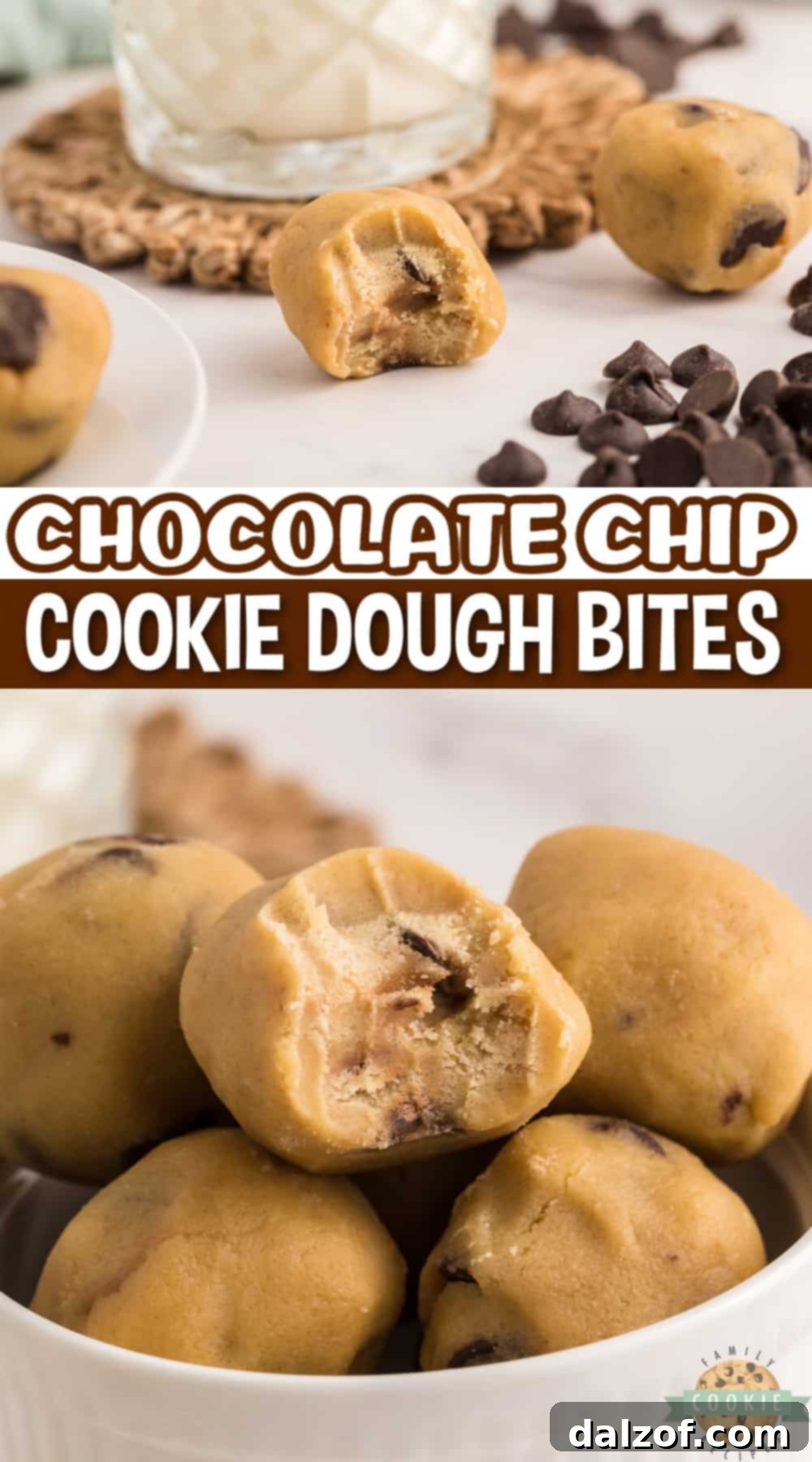 Chocolate Chip Cookie Dough Bites are the ultimate way to enjoy eating raw cookie dough, without worrying about the uncooked egg and flour. Edible chocolate chip cookie dough that is safe to eat, and perfectly portioned for a quick treat!