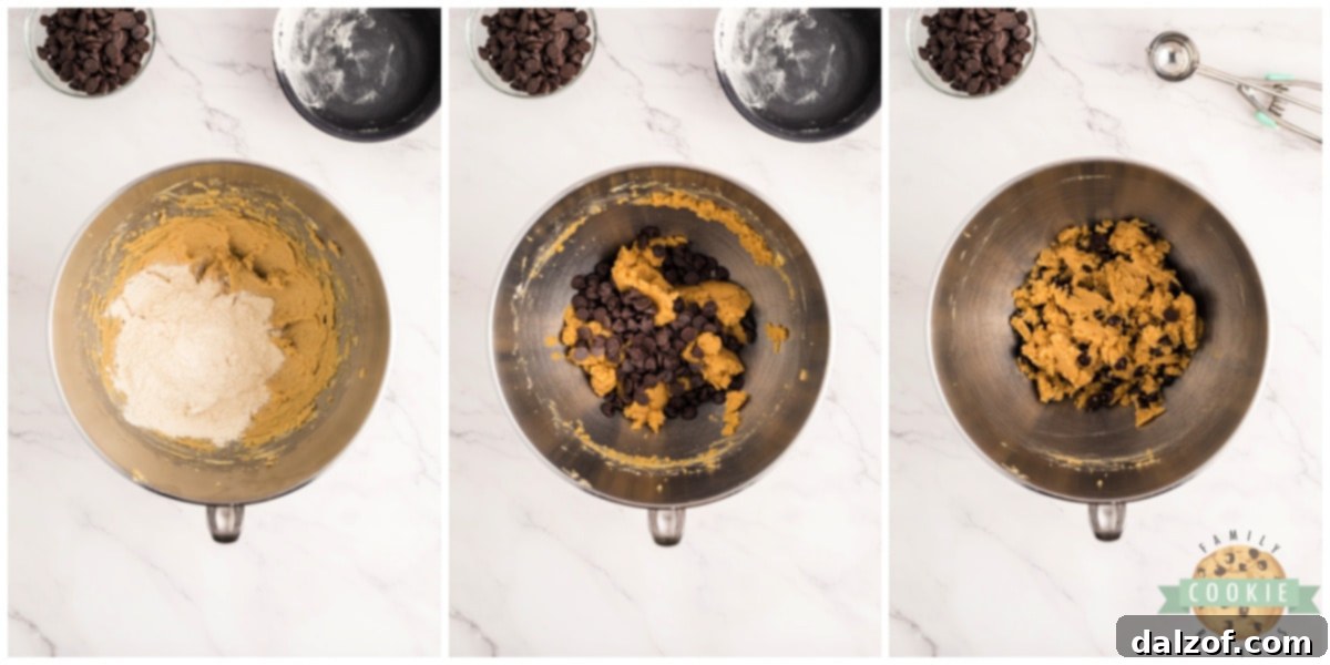 Adding flour and chocolate chips to cookie dough. 