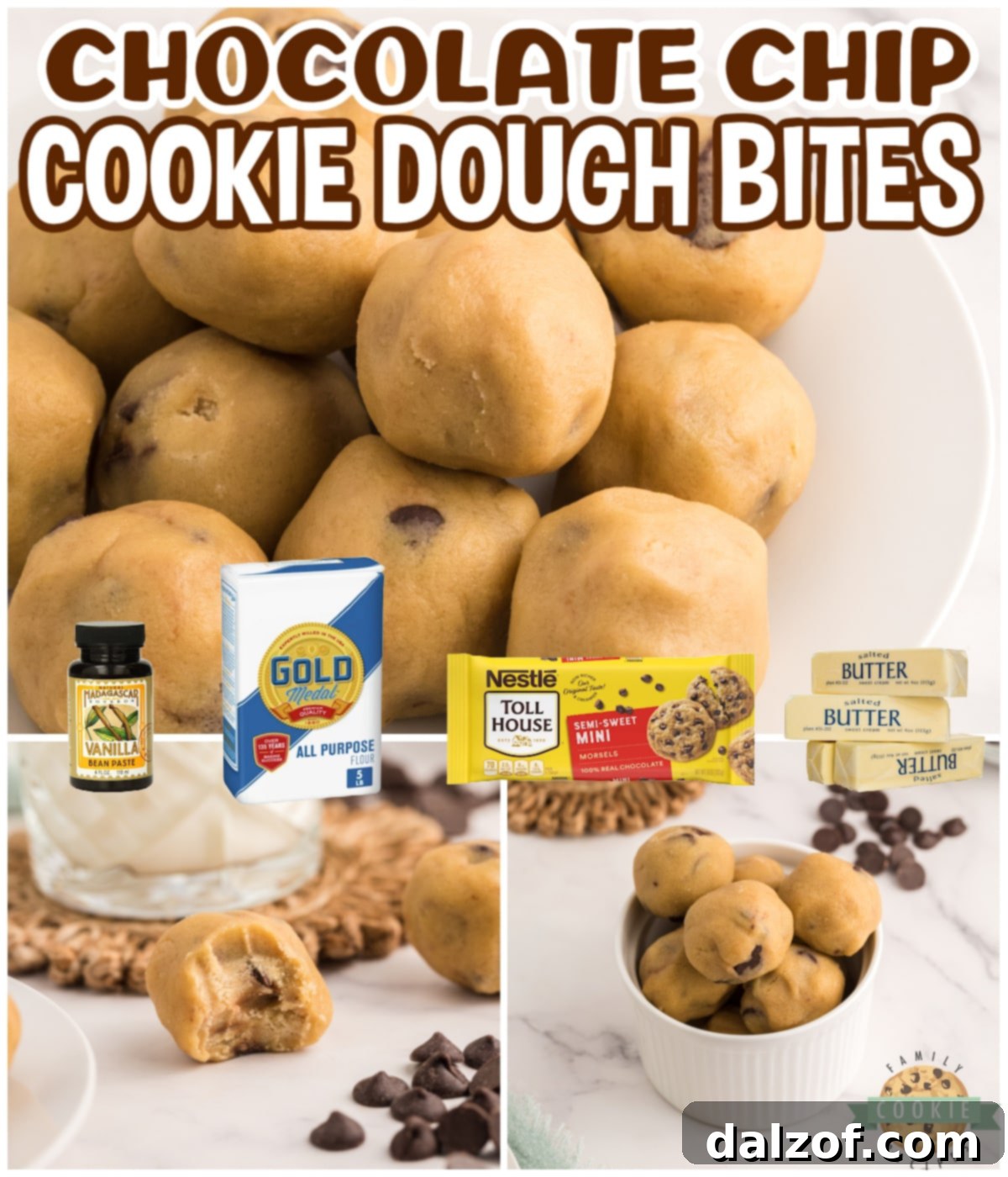 Chocolate Chip Cookie Dough Bites are the ultimate way to enjoy eating raw cookie dough, without worrying about the uncooked egg and flour. Edible chocolate chip cookie dough that is safe to eat, and perfectly portioned for a quick treat!