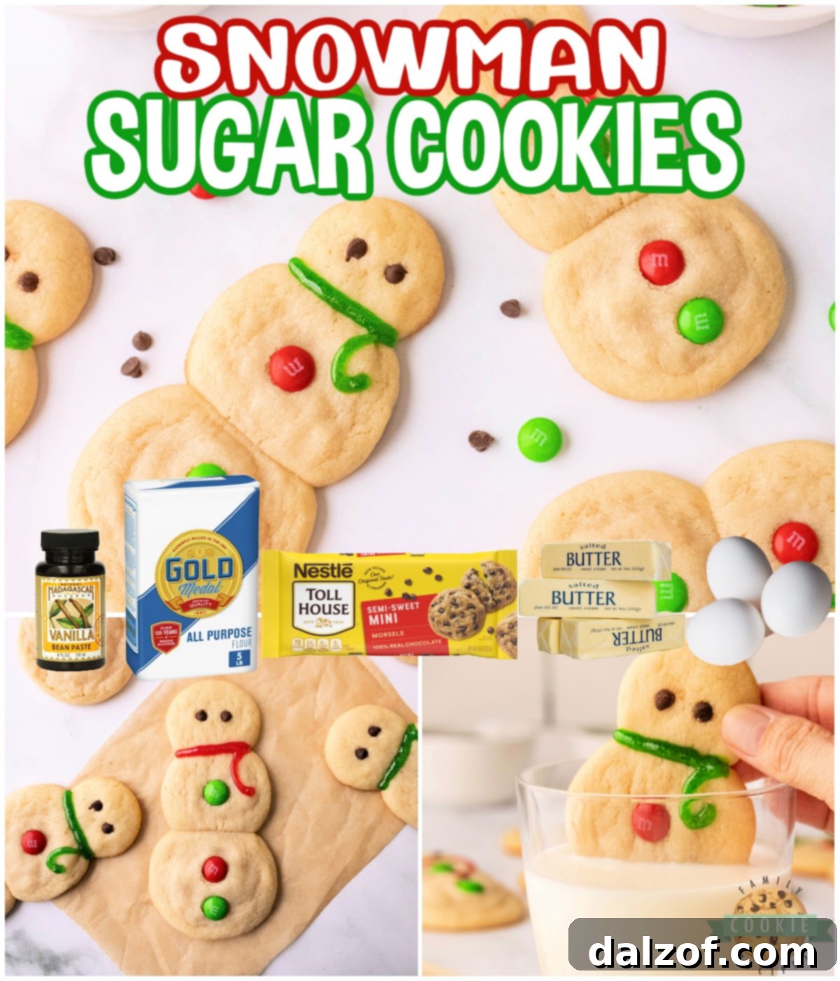 A festive collage showcasing various stages and angles of Snowman Sugar Cookies, emphasizing their holiday appeal and ease of creation.