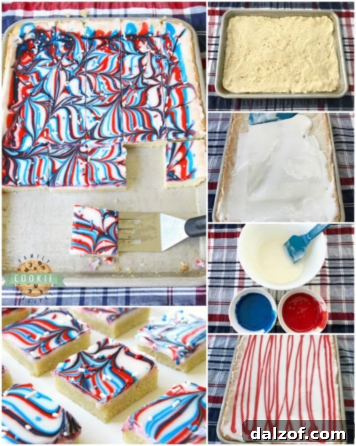 Patriotic Cookie Bars collage with close-ups of red, white, and blue swirled icing, perfect for patriotic holidays.