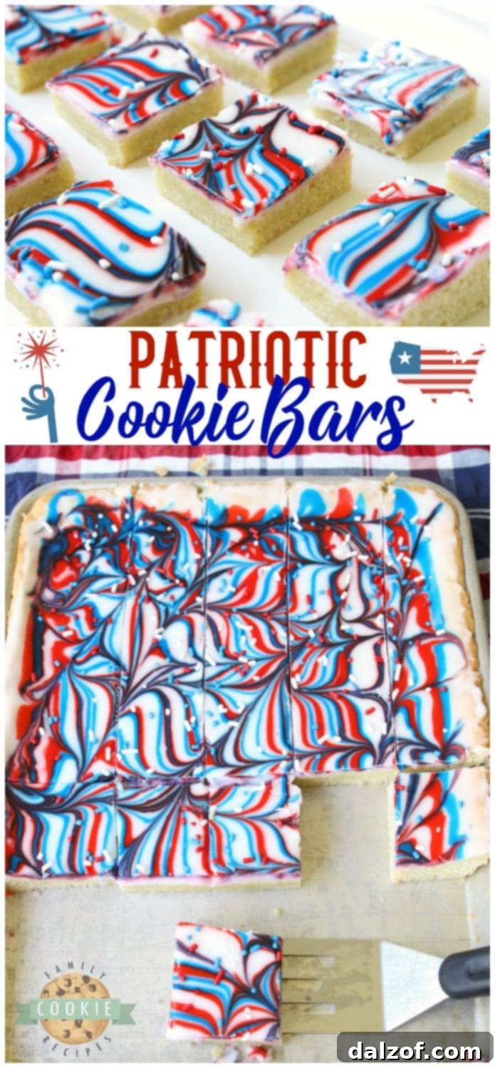 Patriotic Sugar Cookie Bars for Fourth of July or Memorial Day. Features red, white, and blue swirled icing, making them a festive dessert.