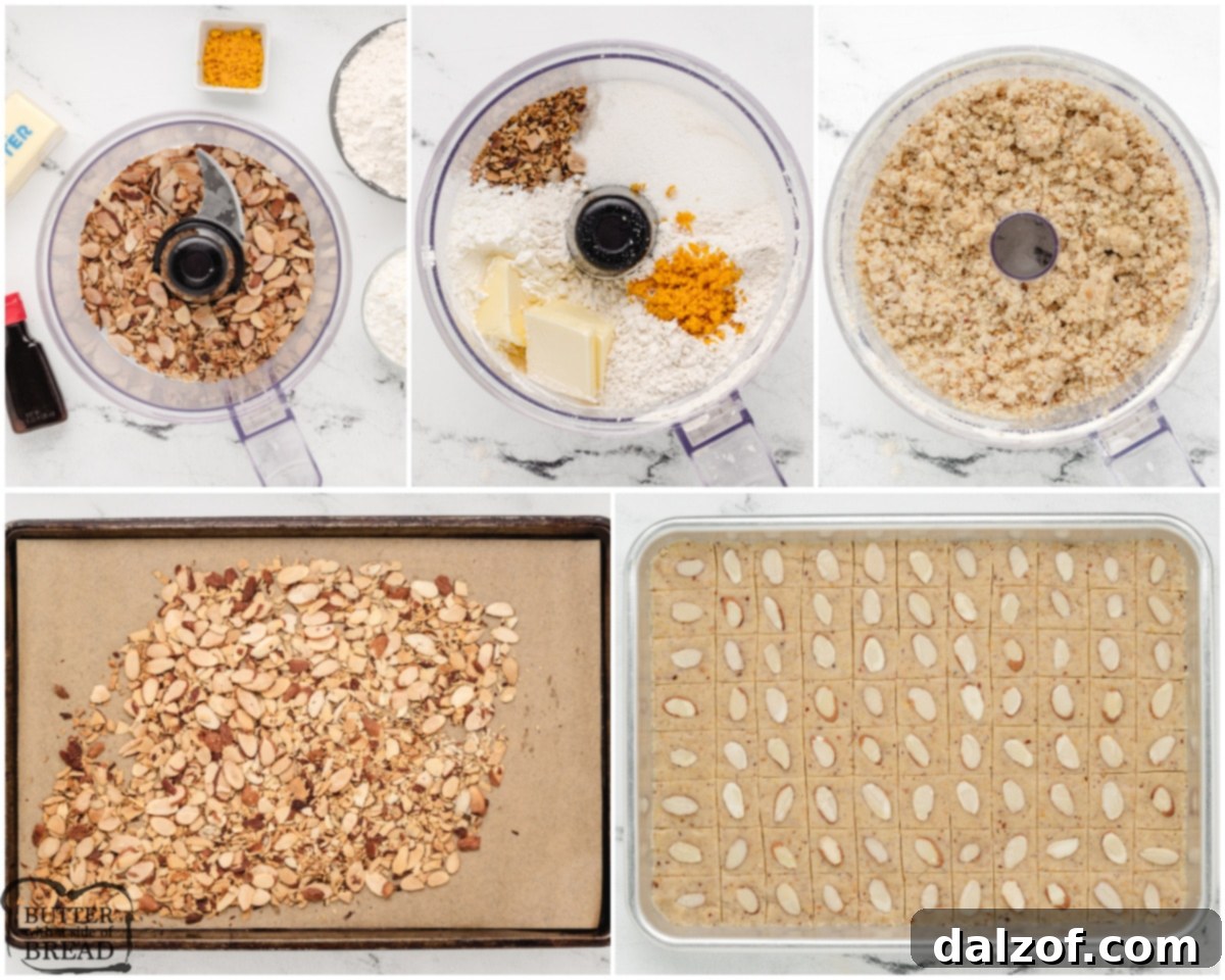 Hands carefully scoring the almond citrus shortbread dough into squares before baking, ready for the oven.