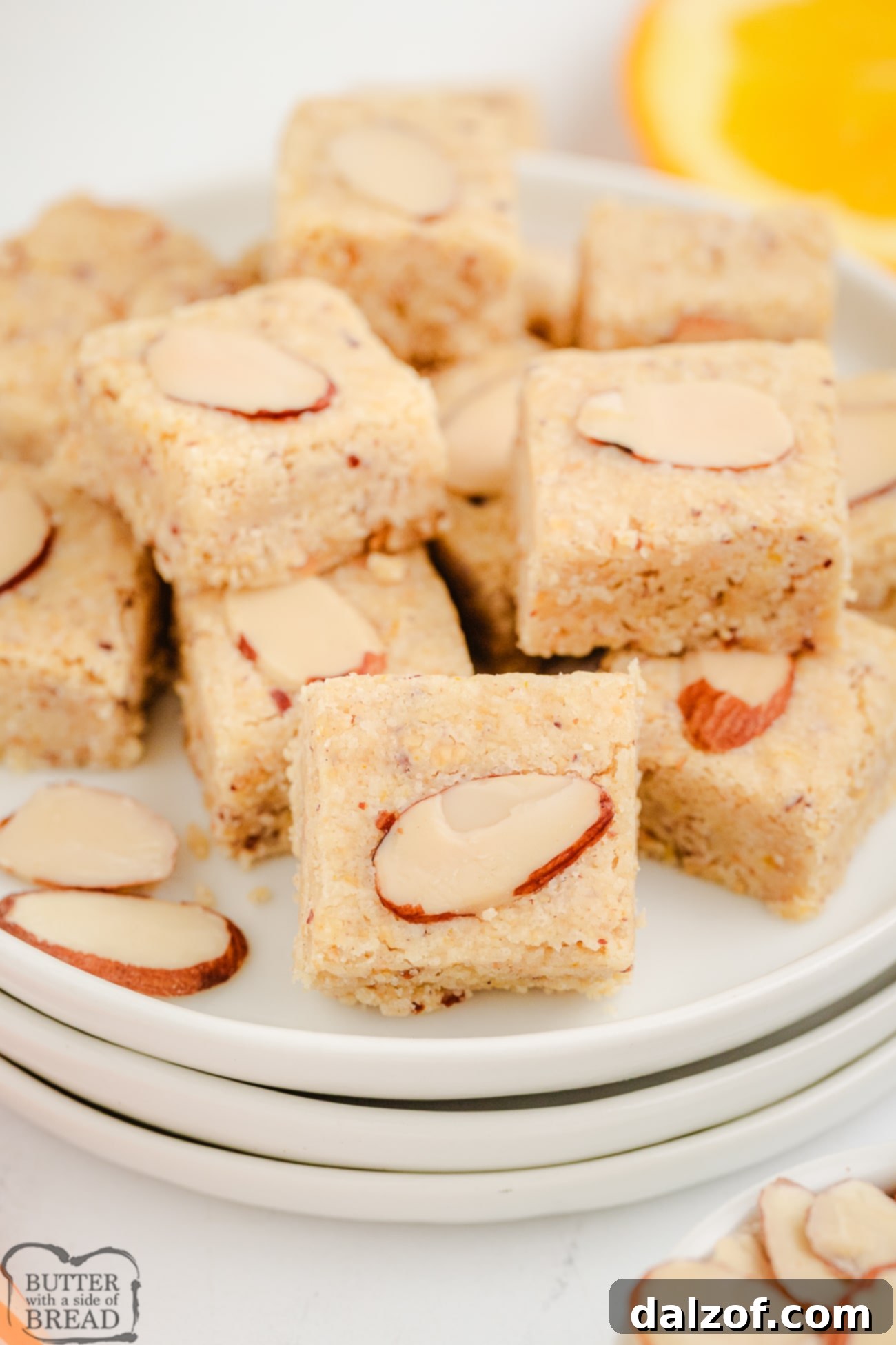 A charming plate of perfectly baked citrus almond shortbread squares, garnished with almond slices.