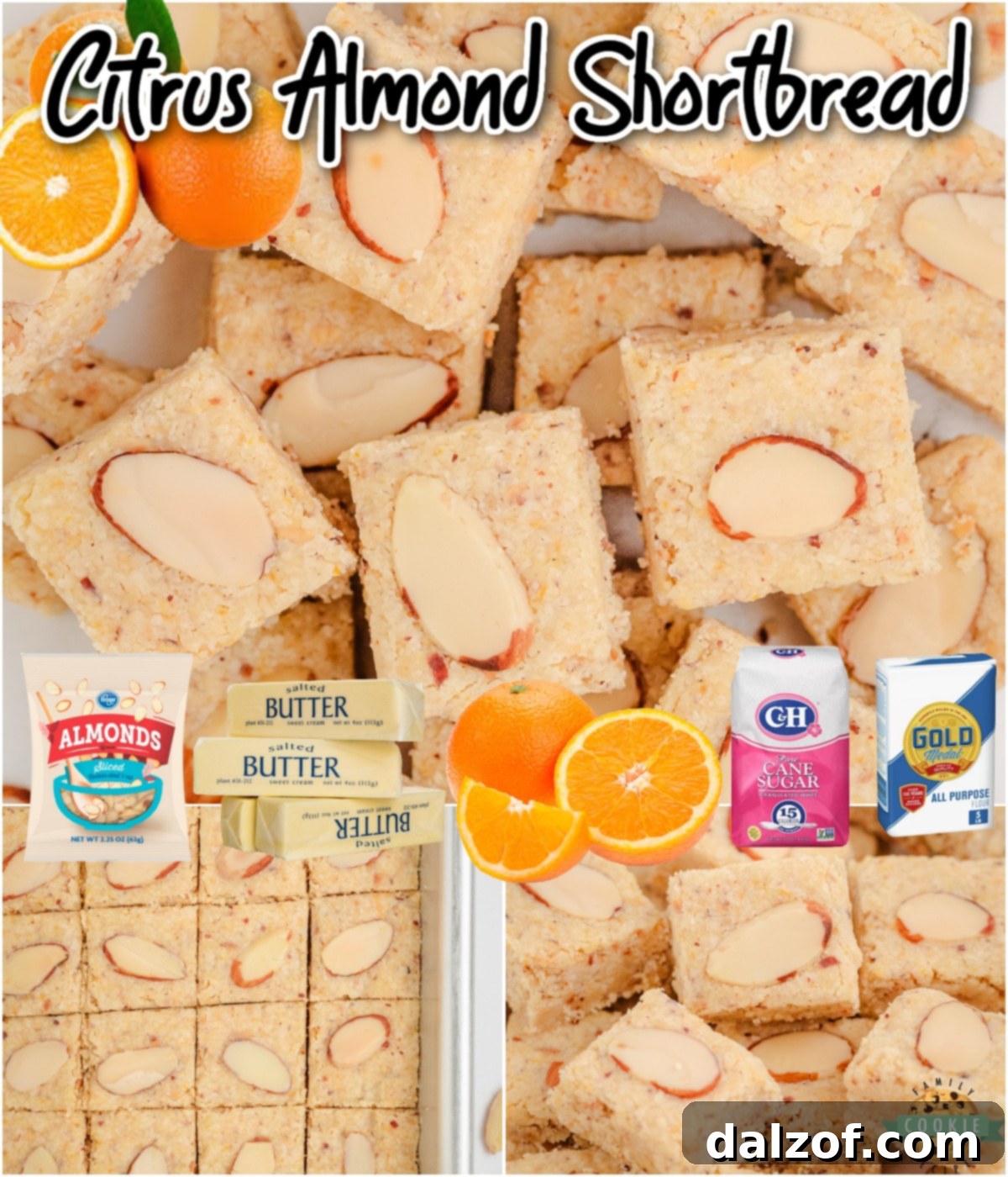 A vibrant collage of Almond Citrus Shortbread Cookies, showcasing their tender texture and the fresh orange flavor that pairs beautifully with almonds. A truly lovely shortbread cookie!