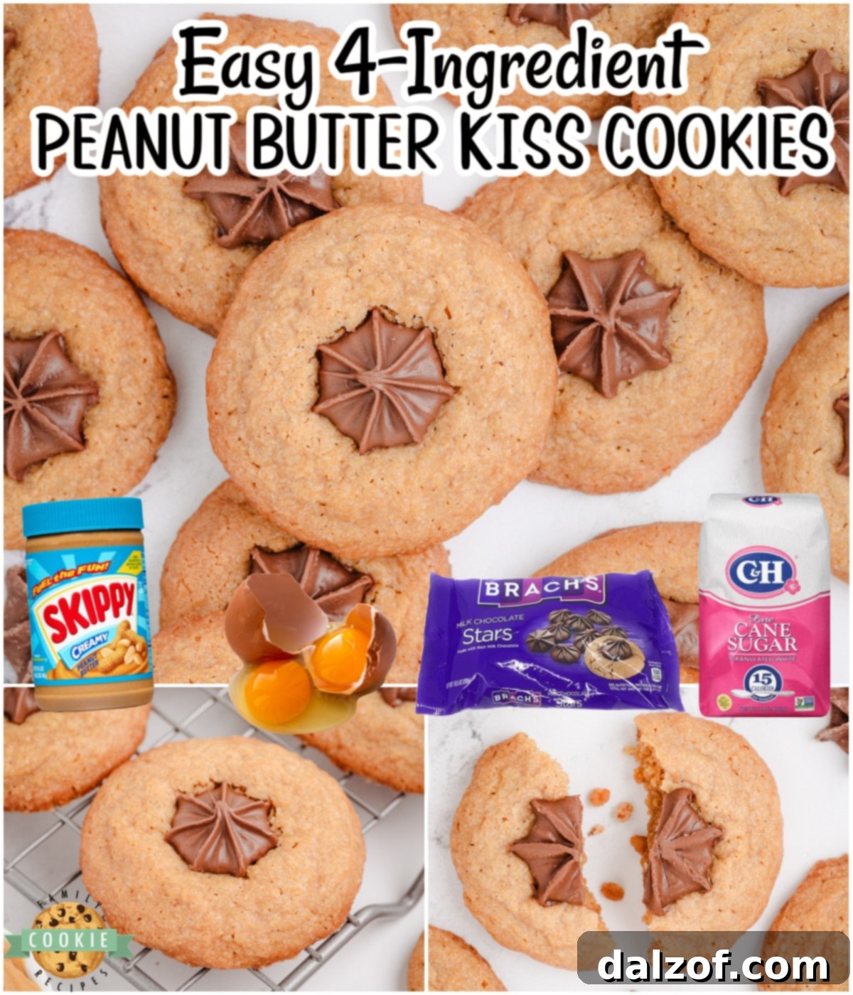 Easy Peanut Butter Kiss Cookies are made with 4 simple ingredients: peanut butter, sugar, eggs & topped with star kisses! These Hershey kisses peanut butter cookies have a rich, nutty flavor with a sweet, chocolatey finish.