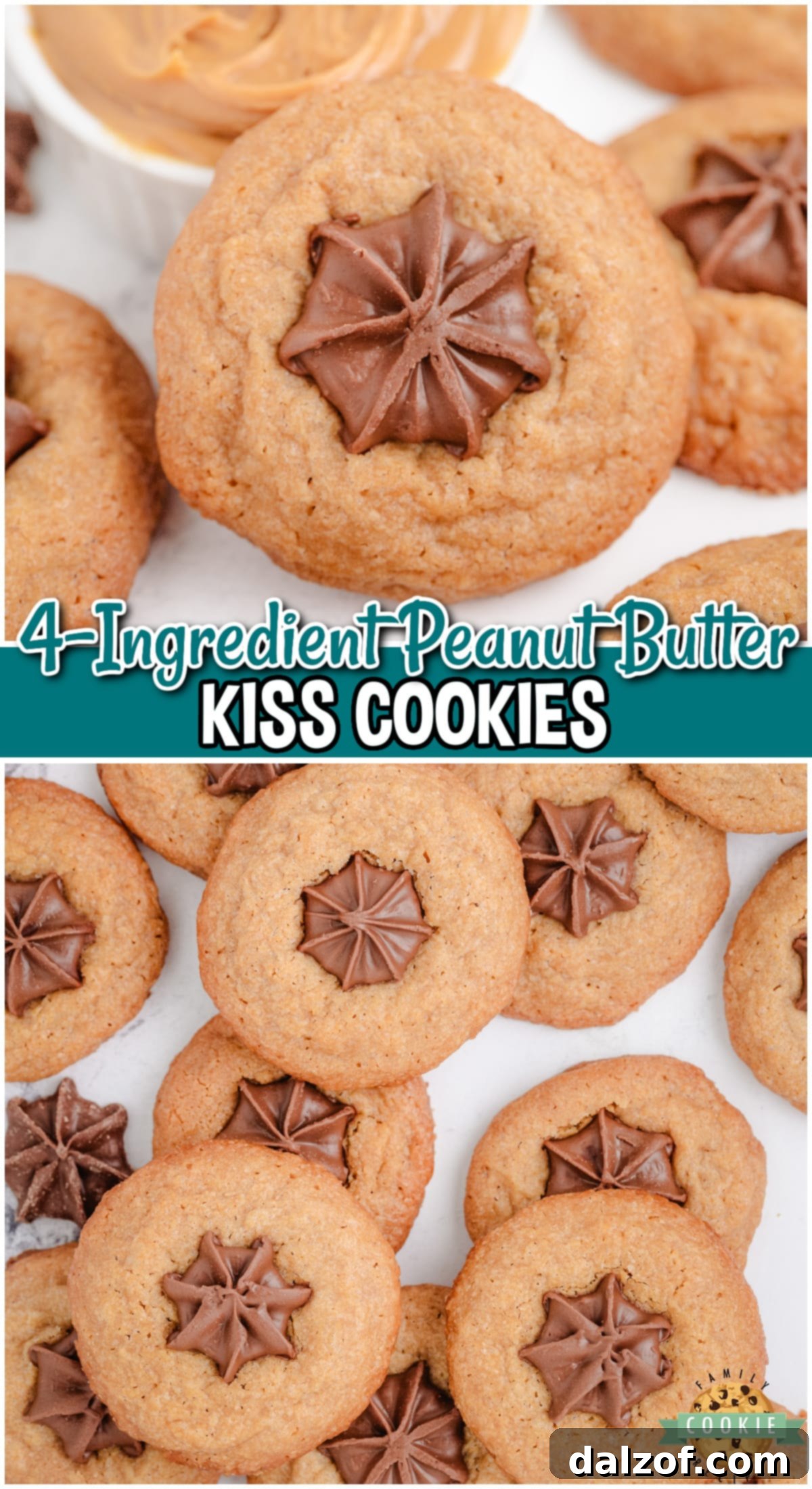 Easy Peanut Butter Kiss Cookies are made with 4 simple ingredients: peanut butter, sugar, eggs & topped with star kisses! These Hershey kisses peanut butter cookies have a rich, nutty flavor with a sweet, chocolatey finish.