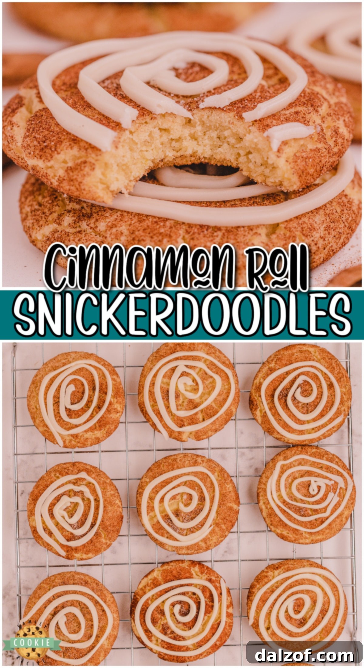 Cinnamon Roll Snickerdoodles are your favorite snickerdoodle cookies with the addition of a sweet vanilla frosting swirl on top!