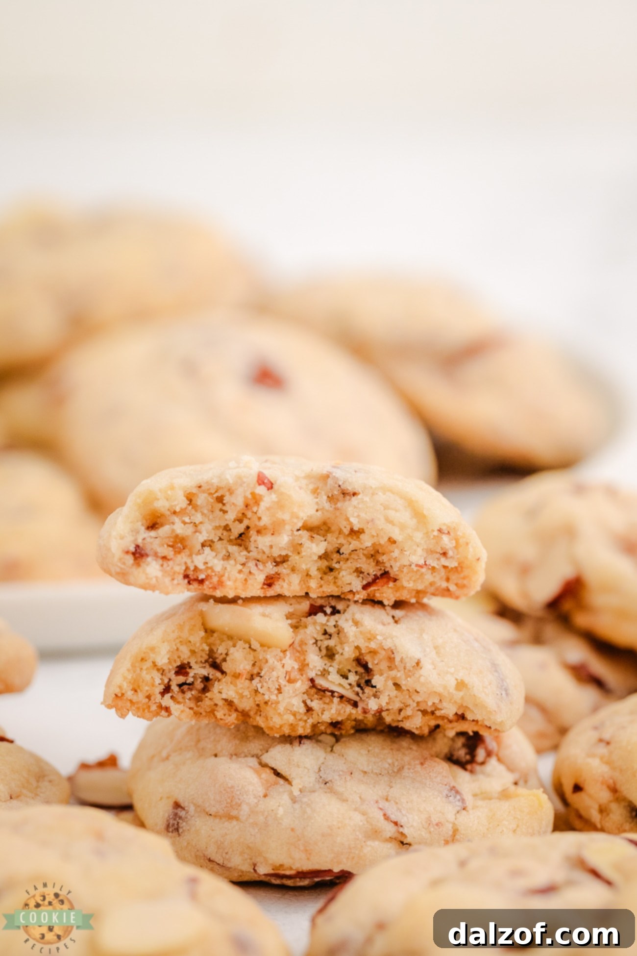 Close-up shot of several buttery Toffee Almond Sandies cookies, showing the texture of almonds and melted toffee.