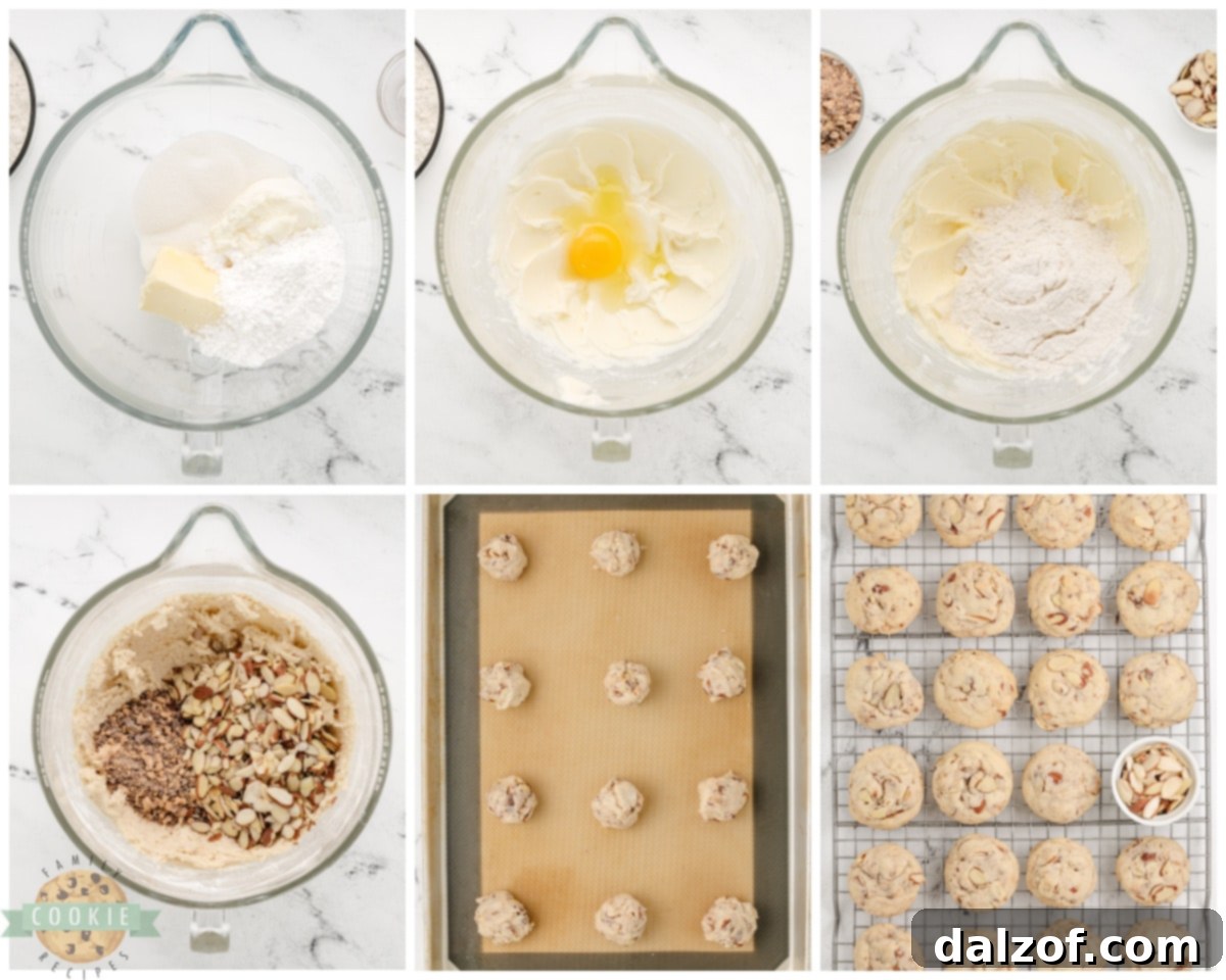 Step-by-step image showing how to make Toffee Almond Sandies, with dough balls on a baking sheet before baking.
