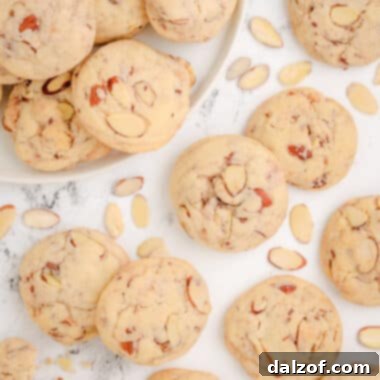 A beautifully arranged Toffee Almond Sandies cookie with visible toffee and almond pieces.