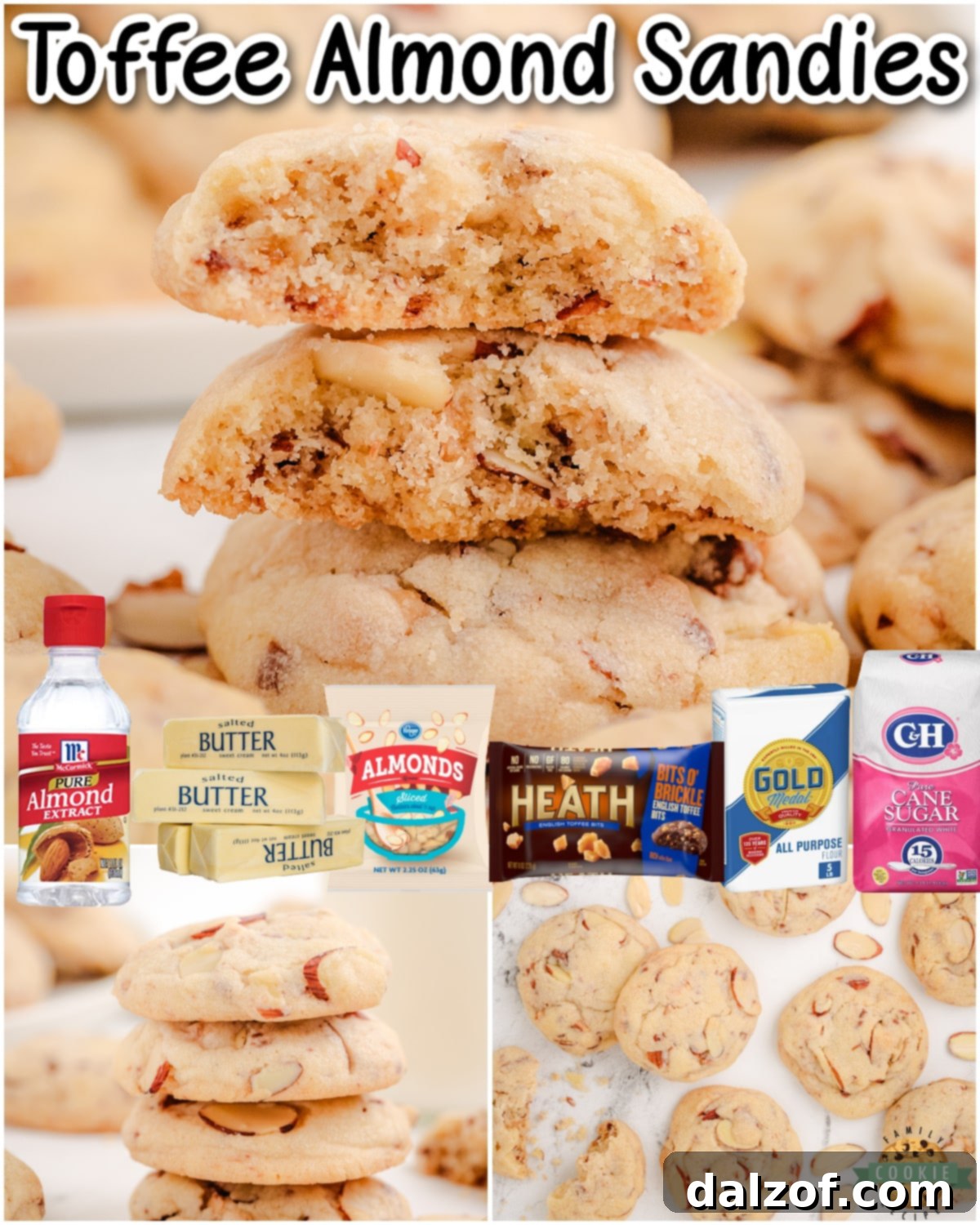 Close-up of Toffee Almond Sandies cookies, highlighting their tender texture and the delicious blend of almonds and toffee bits.