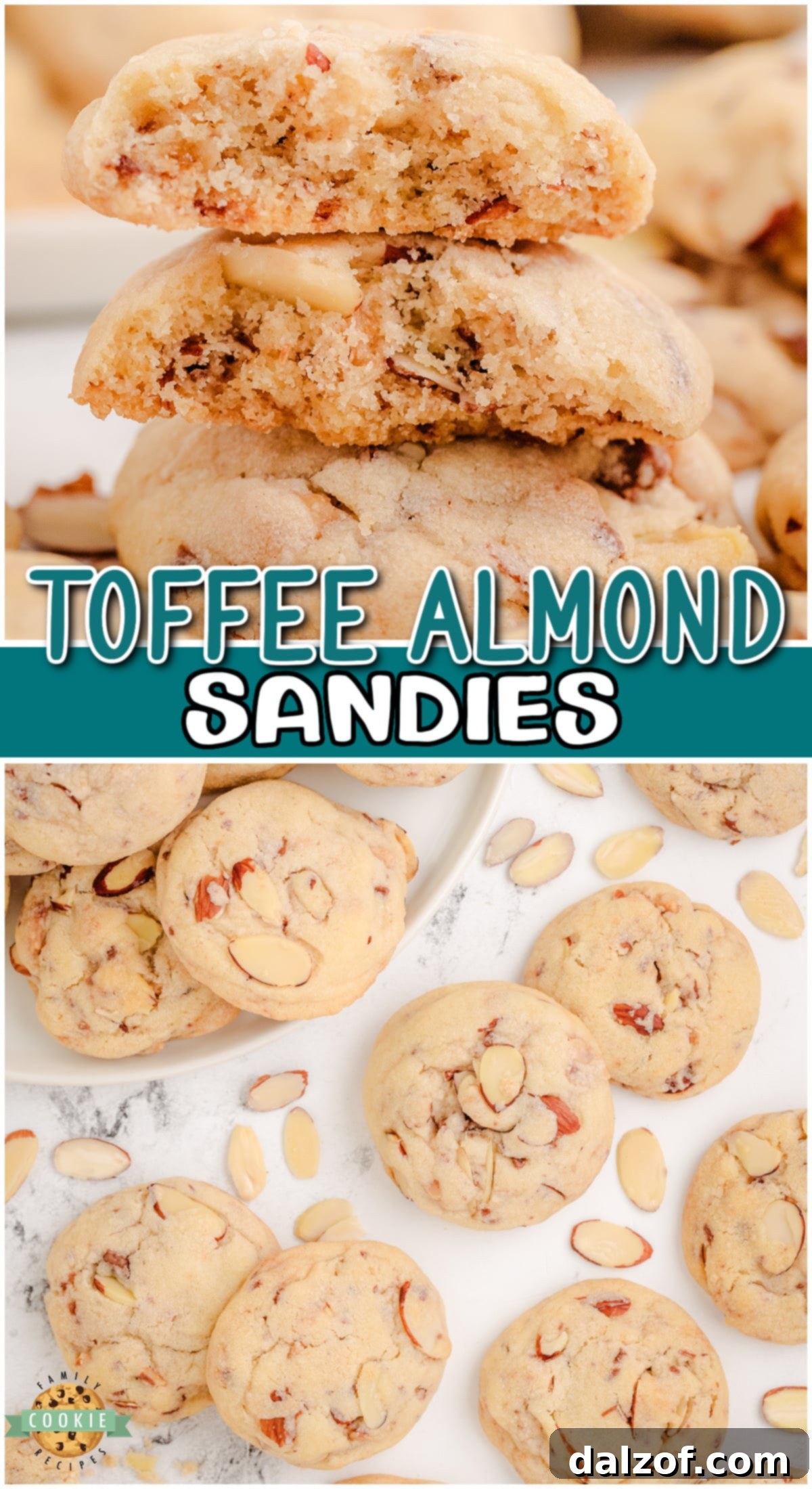 A perfectly styled image of Toffee Almond Sandies cookies, ideal for pinning and sharing, emphasizing their deliciousness.