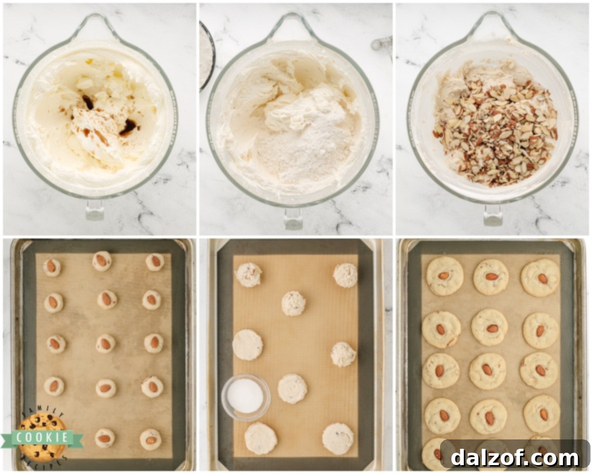 Step-by-step image showing how to prepare almond drop cookies with whole almond toppings.