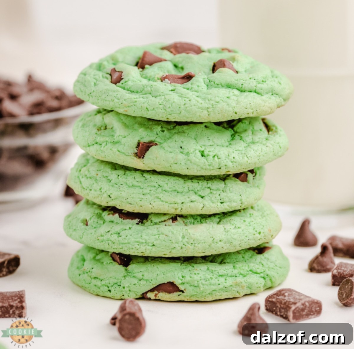 stack of mint chocolate chip cookies