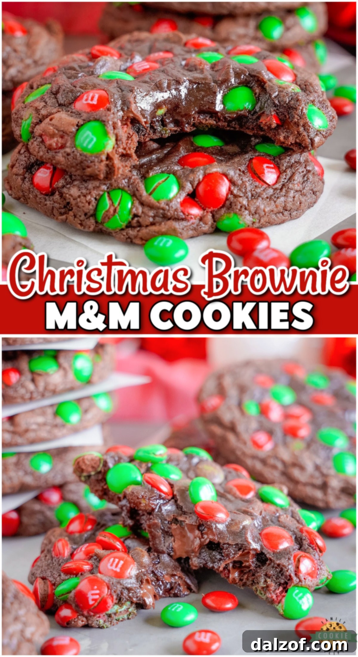 Christmas Brownie M&M Cookies are a festive twist on the classic made with a brownie mix, butter, eggs, chocolate chips and holiday candies! 