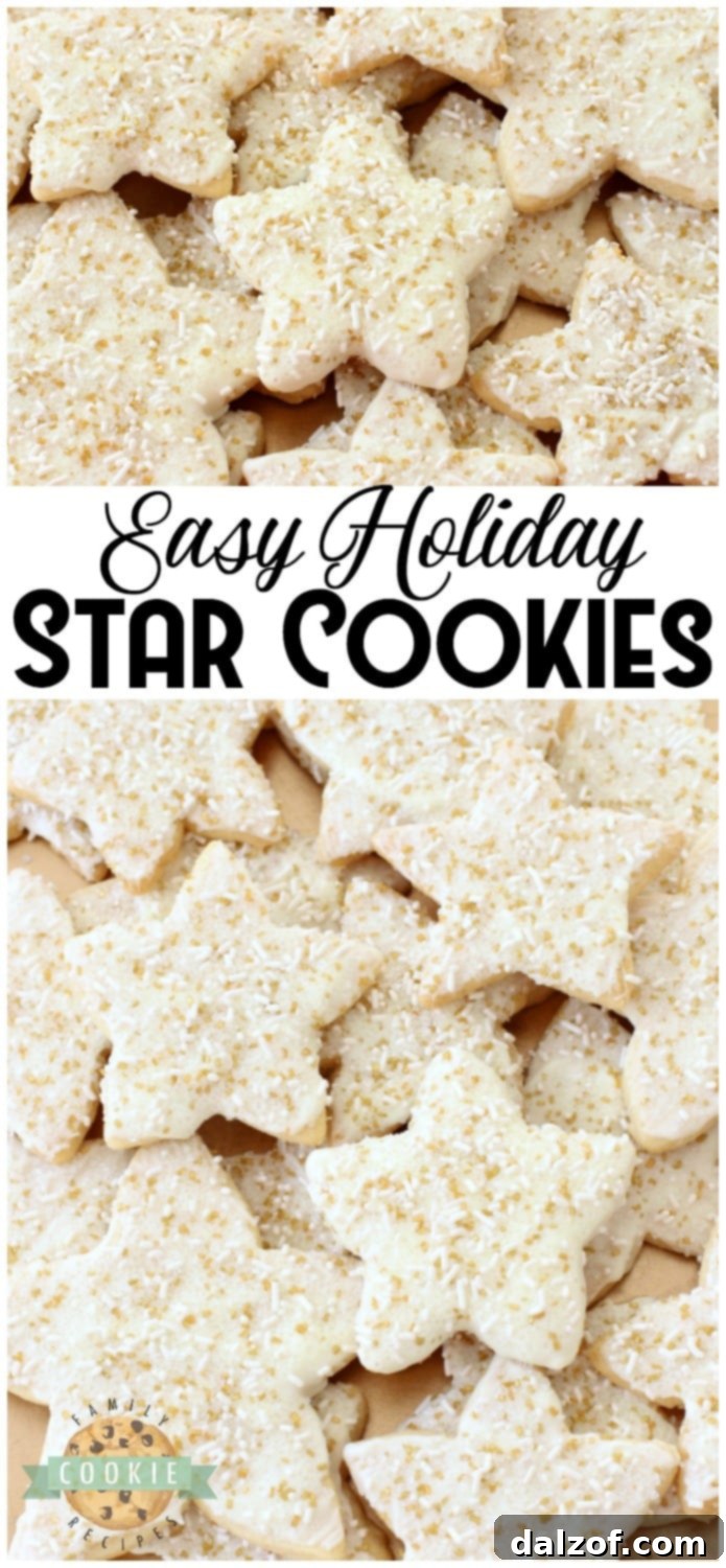 Holiday Star Cookies are bright, buttery & sparkly. They're perfect for the holidays! Candy coated & sprinkled to holiday perfection, everyone loves these melt-in-your-mouth vanilla shortbread cookies. #cookies #shortbread #star #cookie #recipe #holidays #Christmas from FAMILY COOKIE RECIPES
