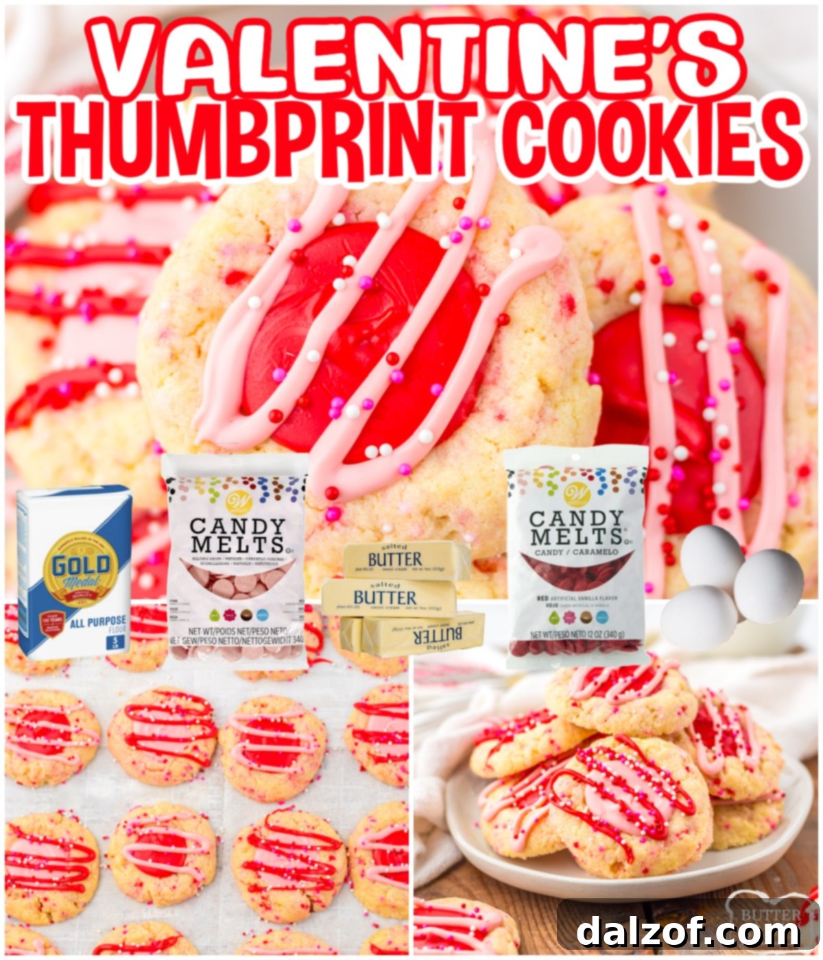 Valentine’s Thumbprint Cookies are so pretty and perfect for the holiday! Buttery cookie dough is topped with sprinkles and baked before being filled with pink and red chocolate.