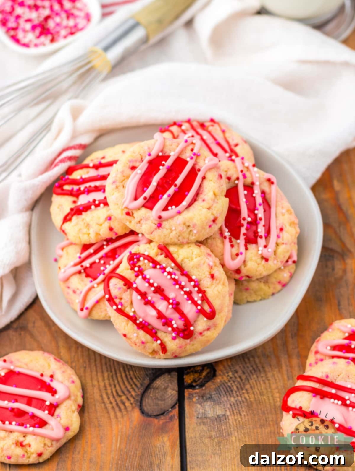 Plate of pink and red cookies.