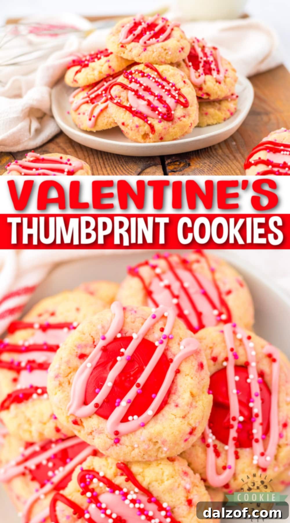 Valentine’s Thumbprint Cookies are so pretty and perfect for the holiday! Buttery cookie dough is topped with sprinkles and baked before being filled with pink and red chocolate.