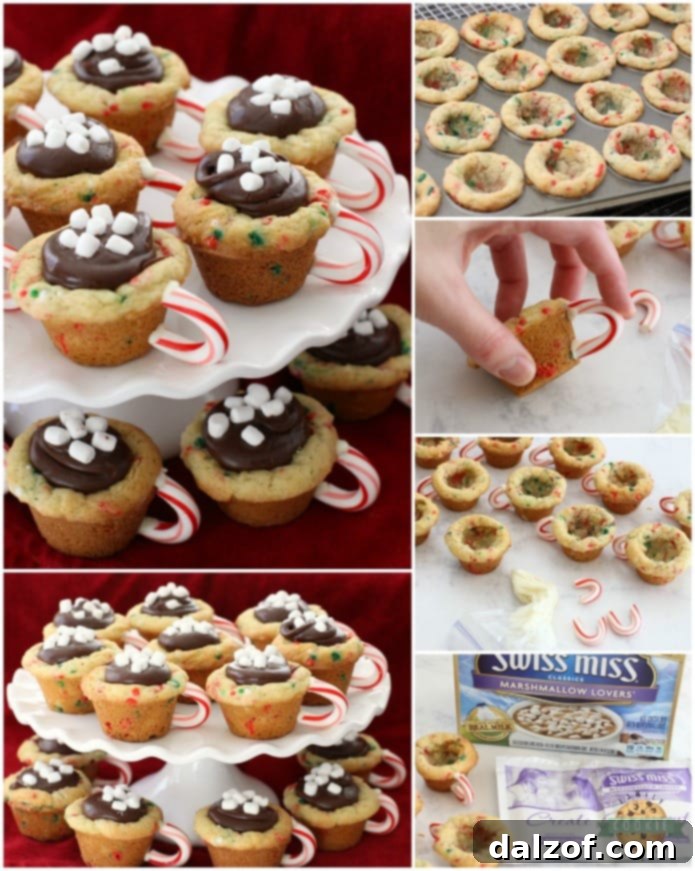 Hot Chocolate Cookie Cups are festive Christmas cookies! Sugar cookie cups filled with fudge, mini marshmallows & sprinkles. Love the candy cane handle! Hot Chocolate Cookie Cups are sugar cookies perfect for the holidays. 
