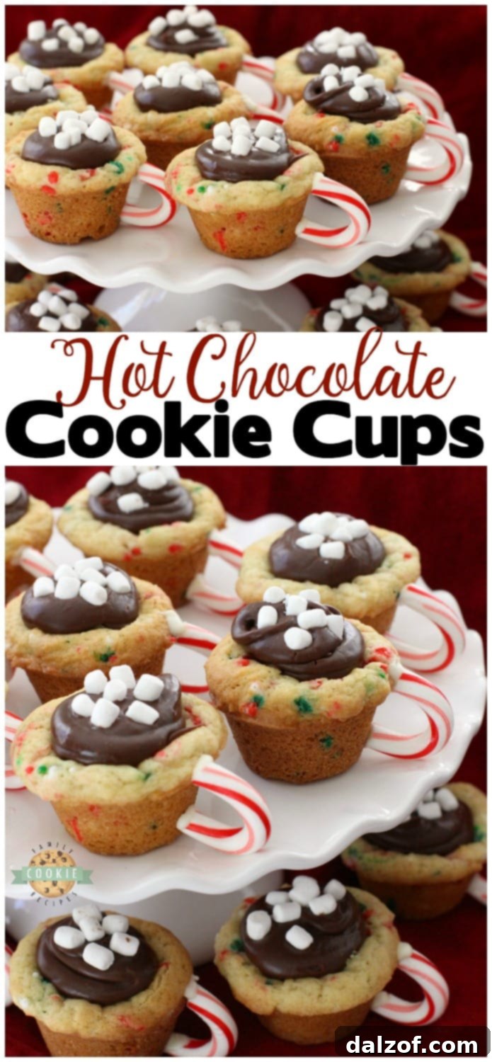 Hot Chocolate Cookie Cups are festive Christmas cookies! Sugar cookie cups filled with fudge, mini marshmallows & sprinkles. Love the candy cane handle! Hot Chocolate Cookie Cups are sugar cookies perfect for the holidays.  #Christmas #cookies #hotchocolate #fudge #sprinkles #holidays #baking #recipe from FAMILY COOKIE RECIPES