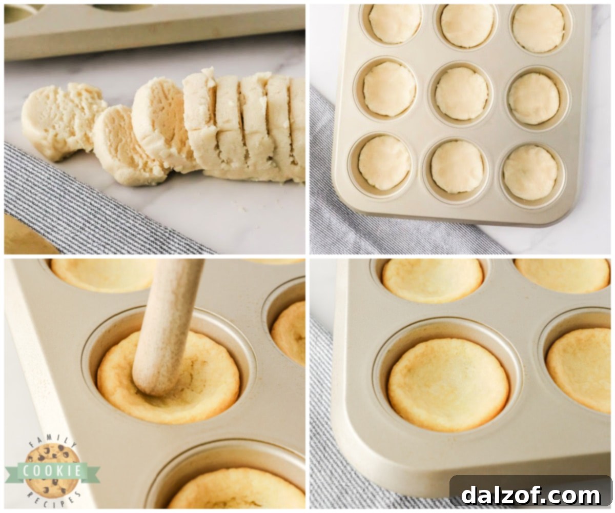 Pressing sugar cookie dough into a muffin tin.